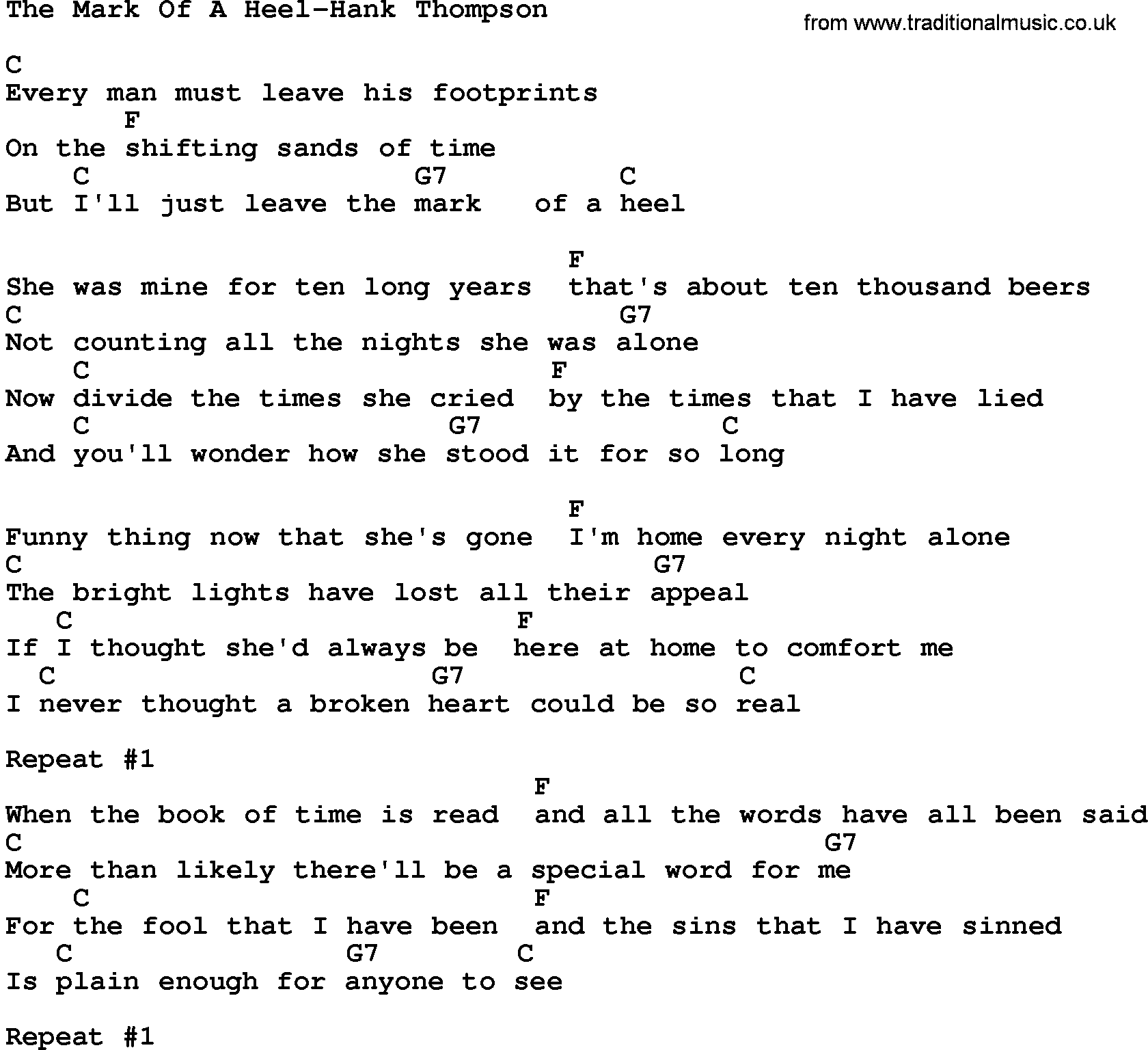 Country music song: The Mark Of A Heel-Hank Thompson lyrics and chords