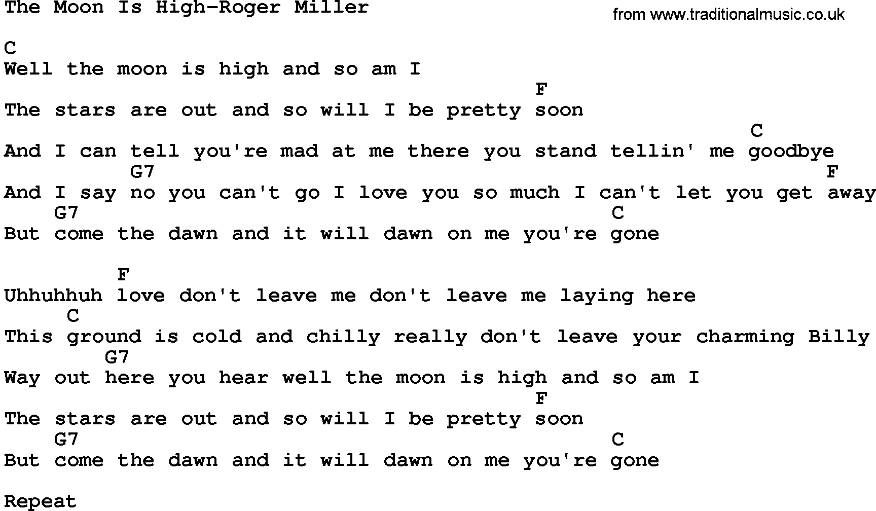 Country music song: The Moon Is High-Roger Miller lyrics and chords