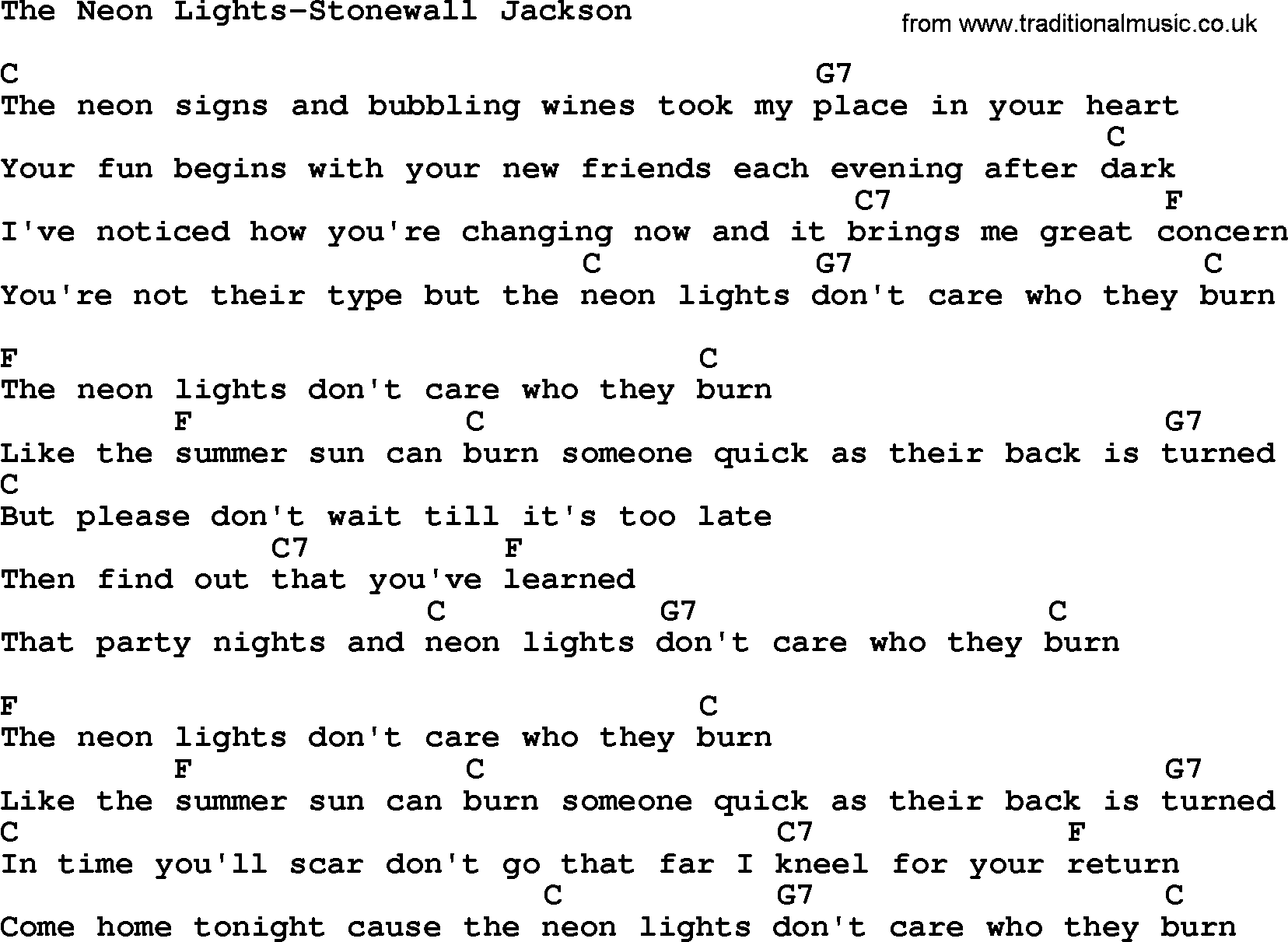 Country music song: The Neon Lights-Stonewall Jackson lyrics and chords