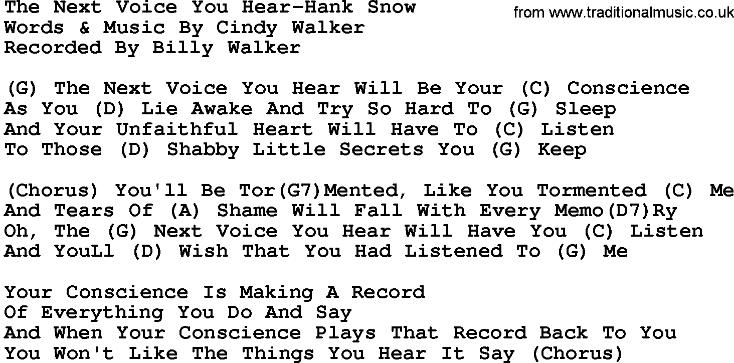 Country music song: The Next Voice You Hear-Hank Snow lyrics and chords