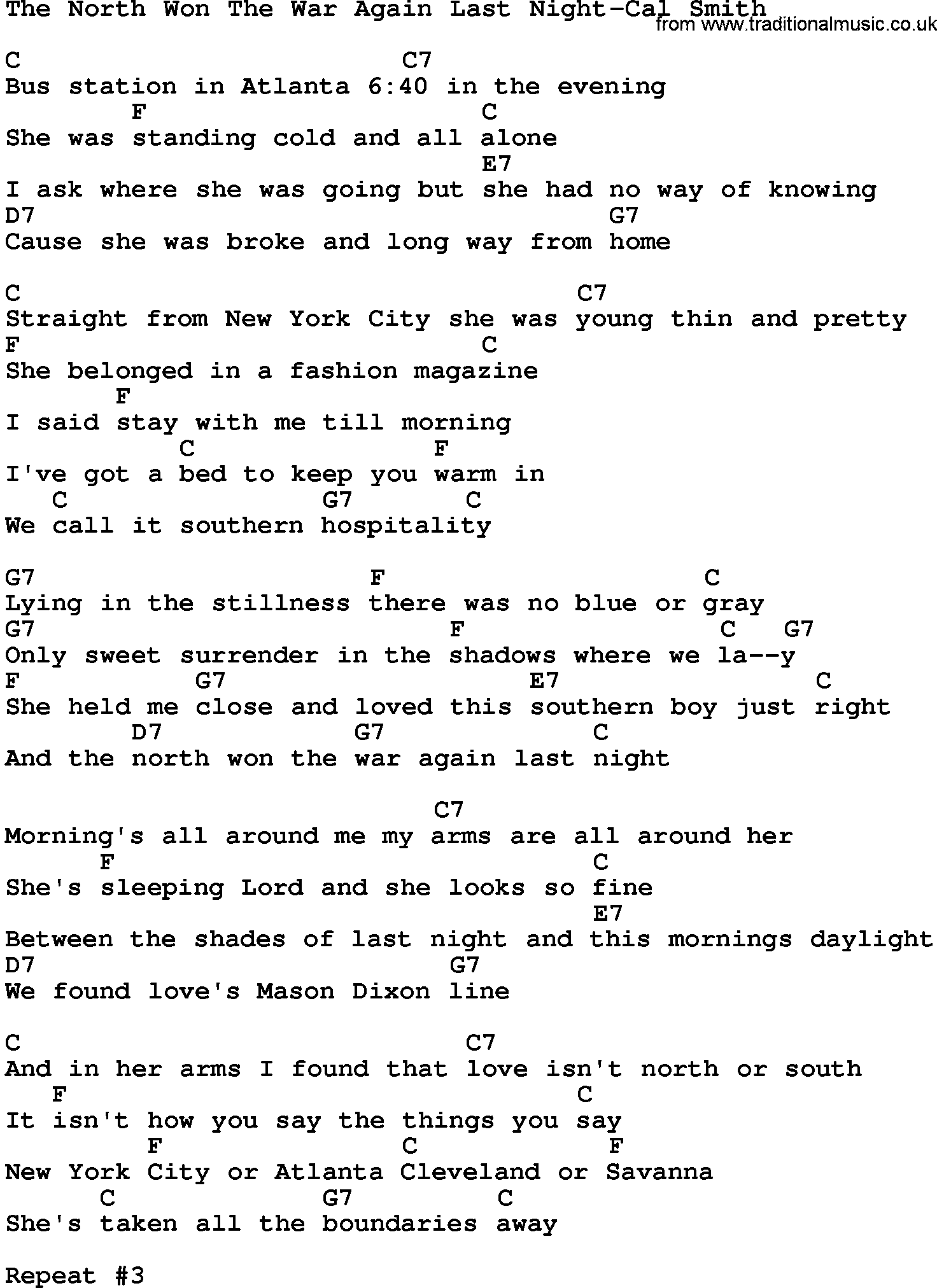 Country music song: The North Won The War Again Last Night-Cal Smith lyrics and chords