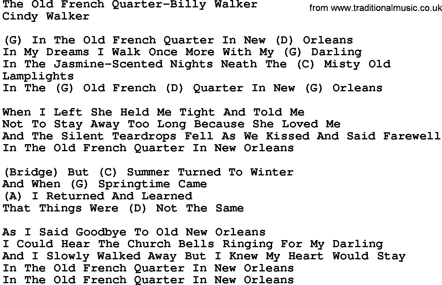 Country music song: The Old French Quarter-Billy Walker lyrics and chords