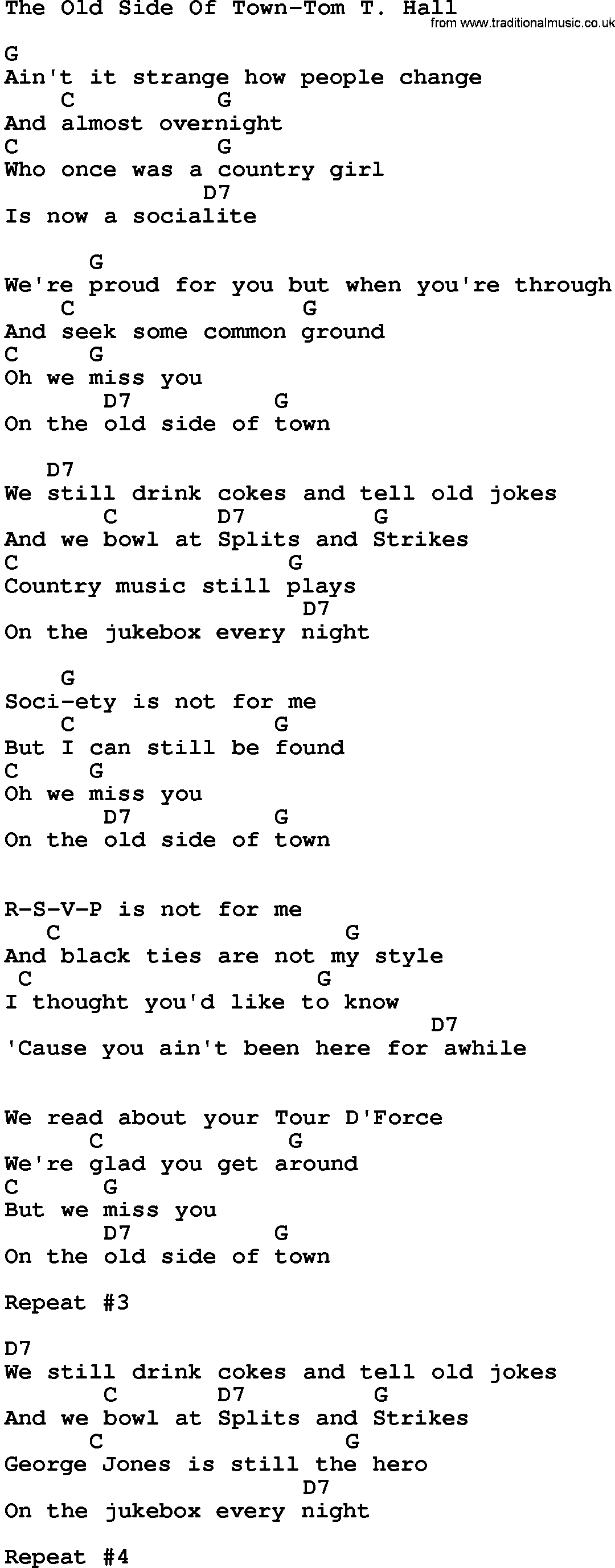 Country music song: The Old Side Of Town-Tom T Hall lyrics and chords