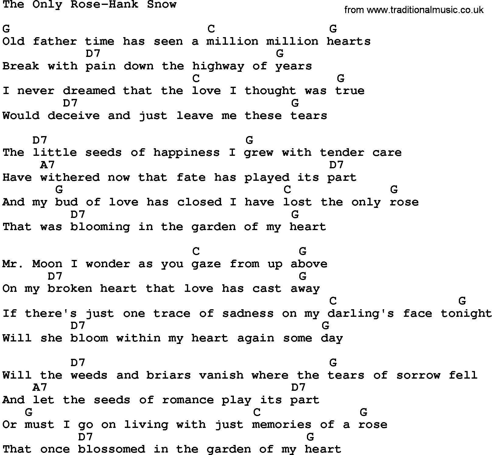 Country music song: The Only Rose-Hank Snow lyrics and chords