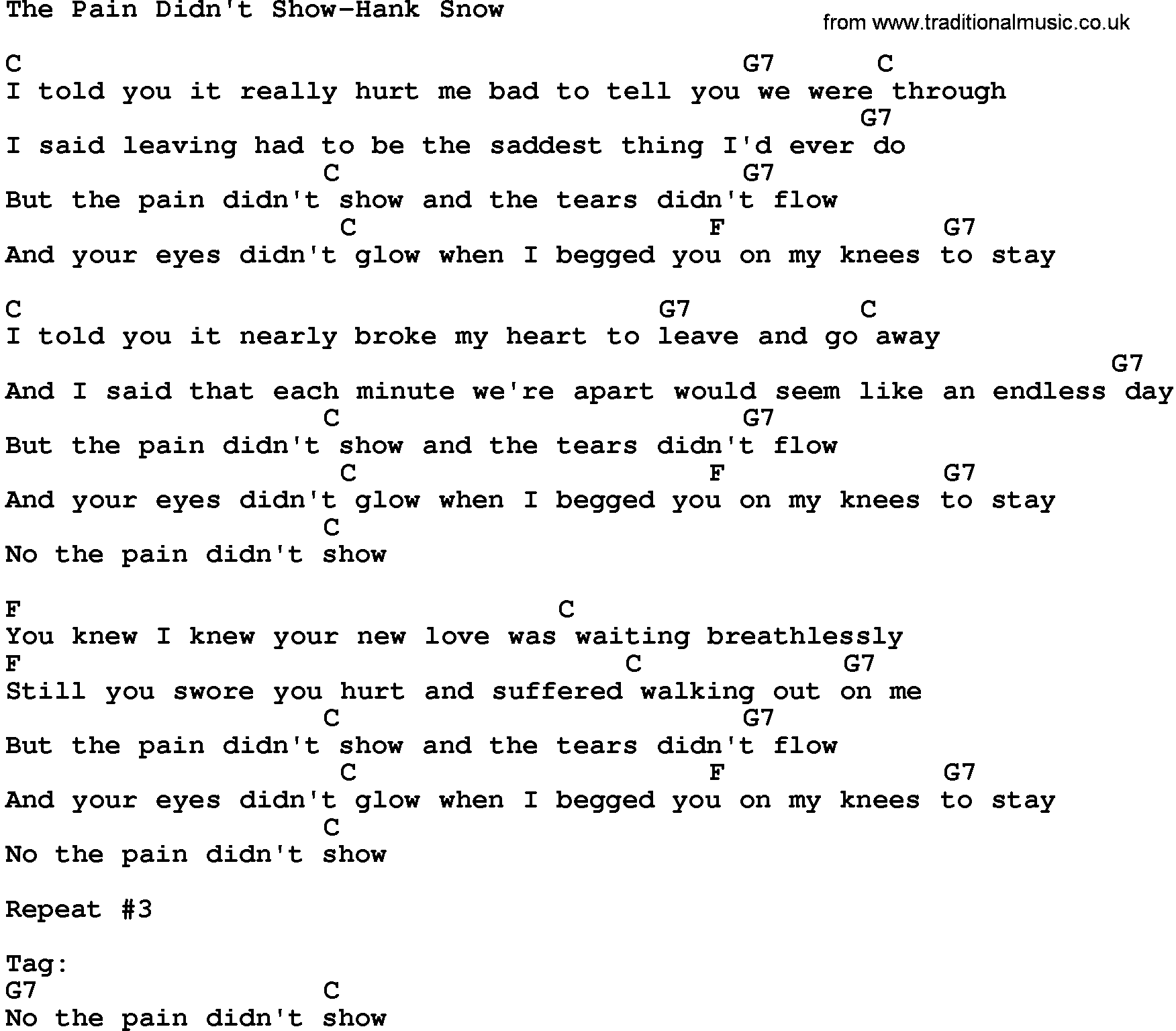 Country music song: The Pain Didn't Show-Hank Snow lyrics and chords