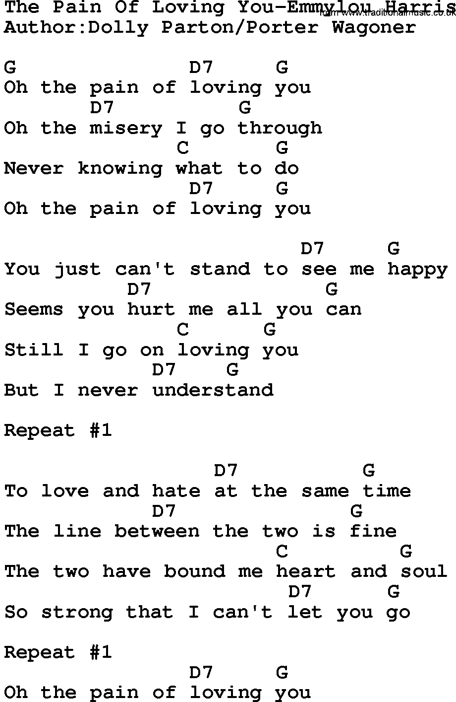 Country music song: The Pain Of Loving You-Emmylou Harris lyrics and chords