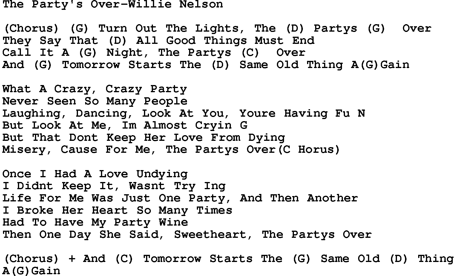 Country music song: The Party's Over-Willie Nelson lyrics and chords