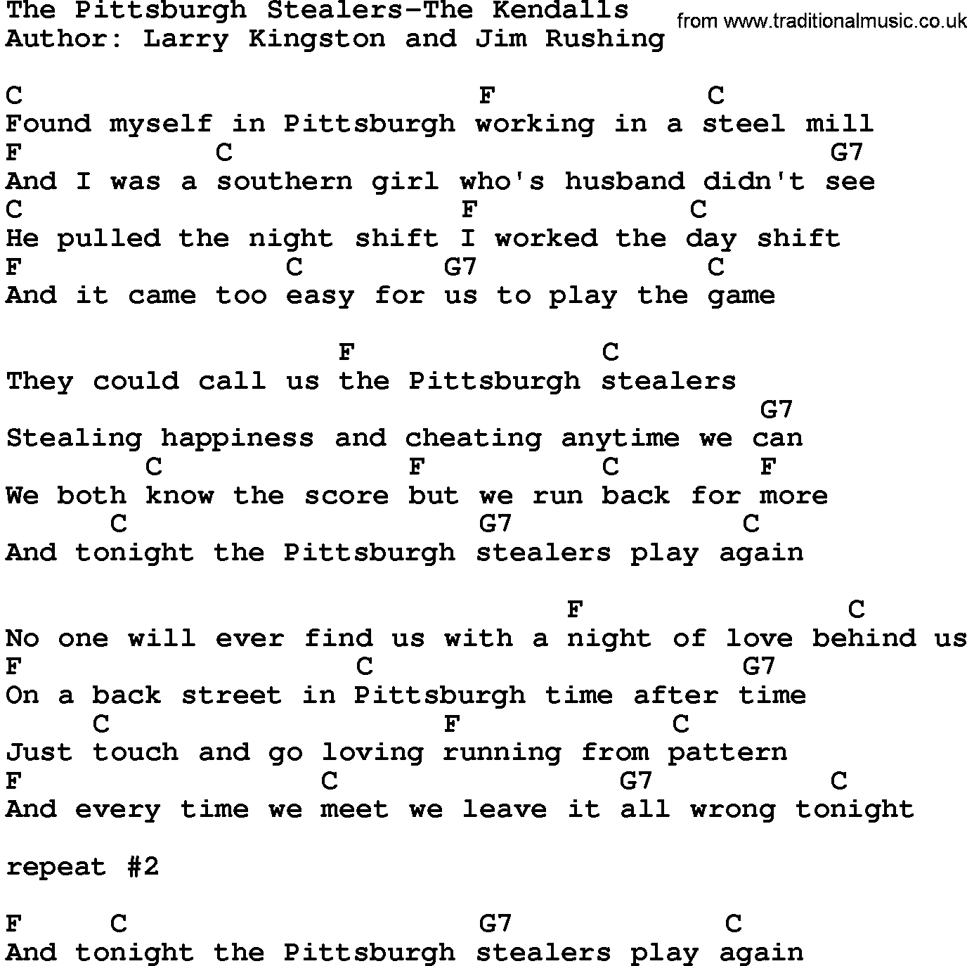 Country music song: The Pittsburgh Stealers-The Kendalls lyrics and chords