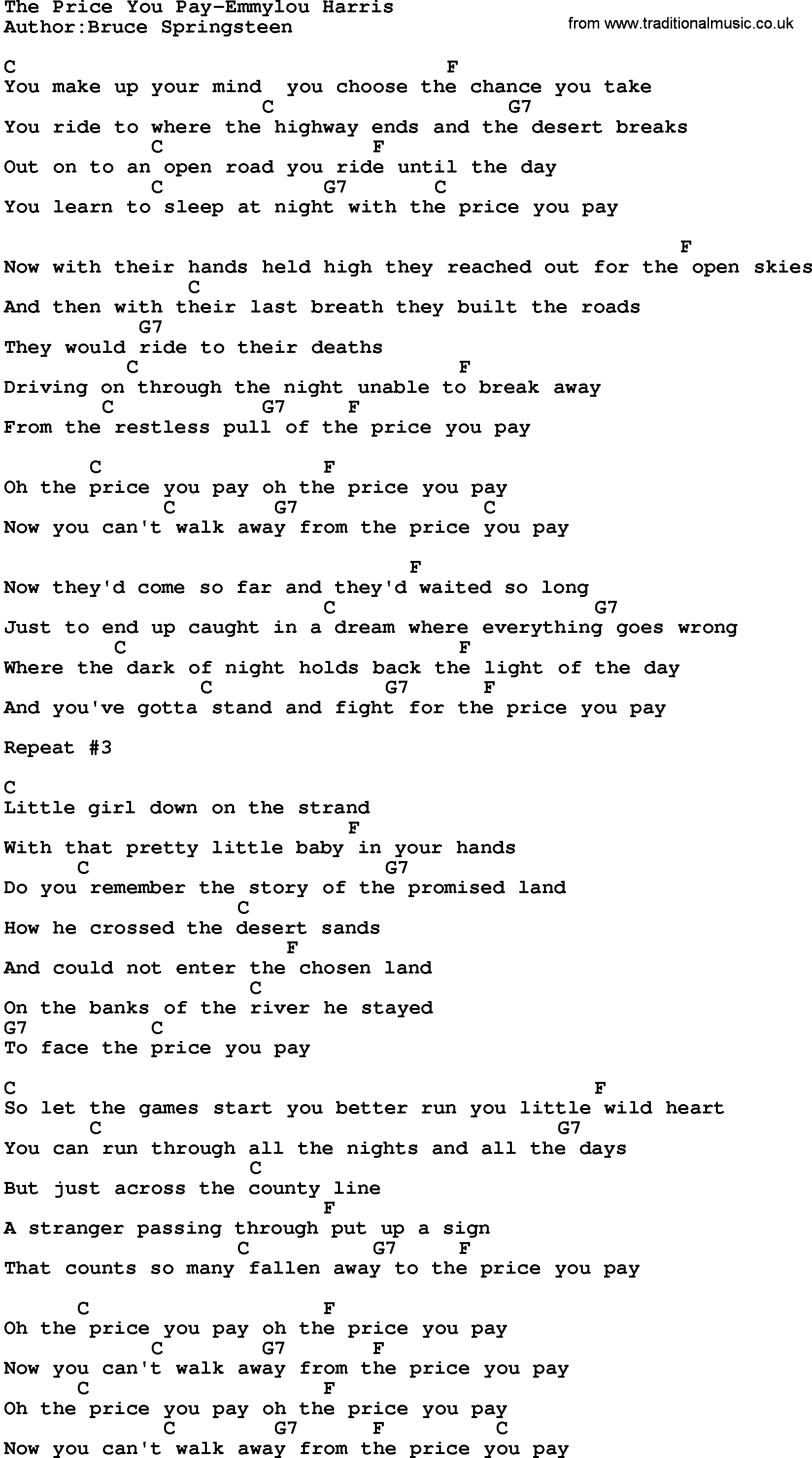 Country music song: The Price You Pay-Emmylou Harris lyrics and chords