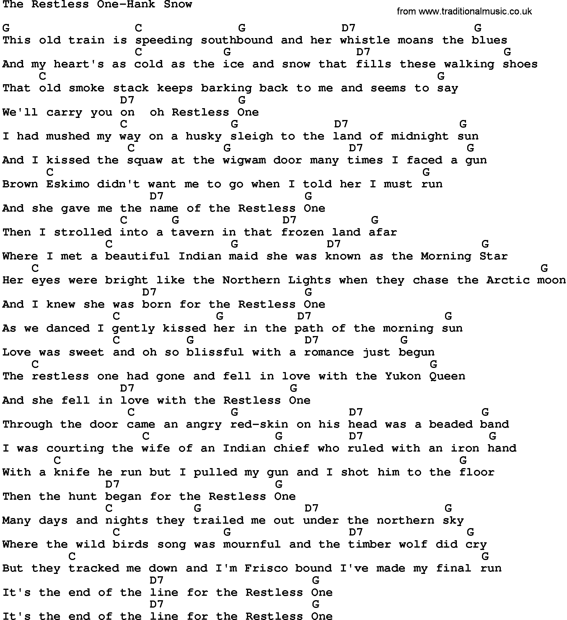 Country music song: The Restless One-Hank Snow lyrics and chords
