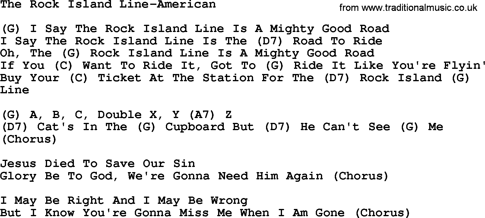 Country music song: The Rock Island Line-American lyrics and chords