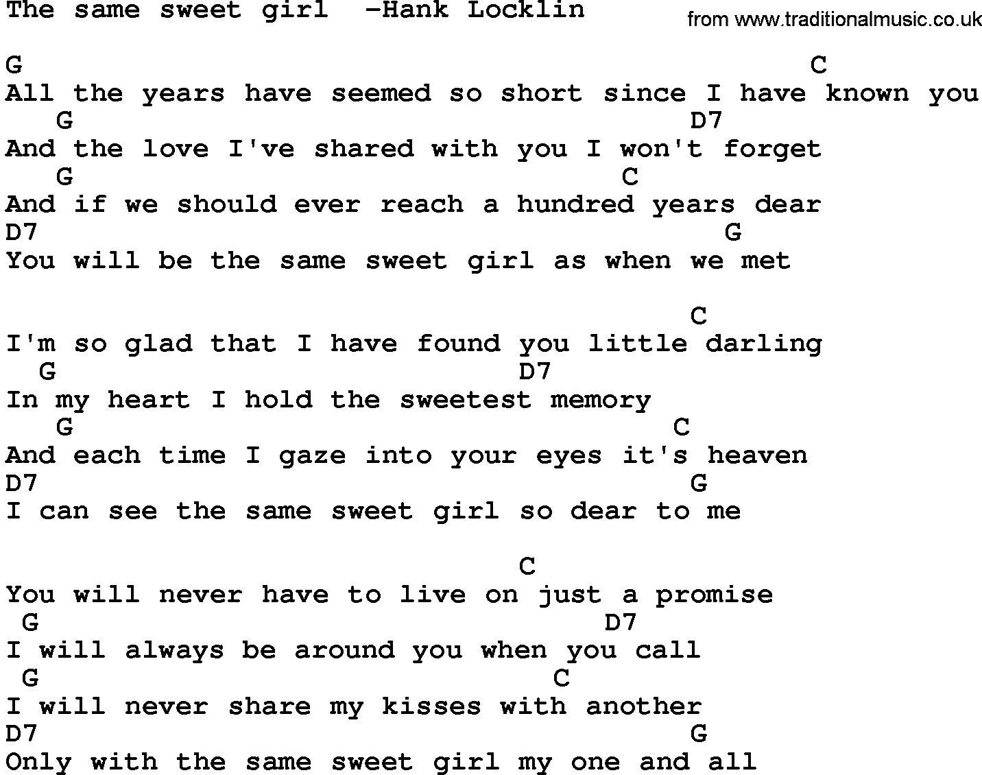 Country music song: The Same Sweet Girl -Hank Locklin lyrics and chords