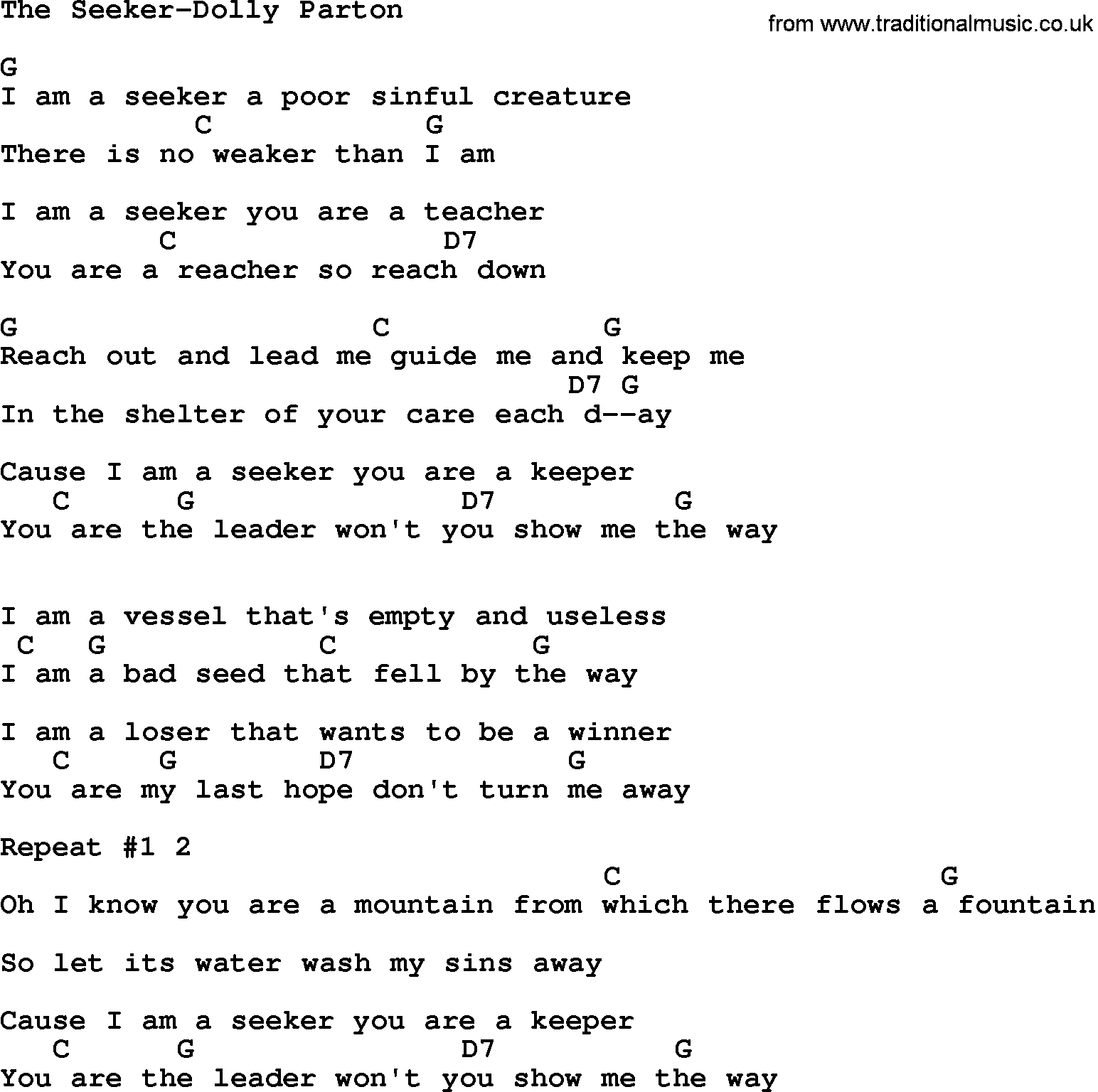Country music song: The Seeker-Dolly Parton lyrics and chords