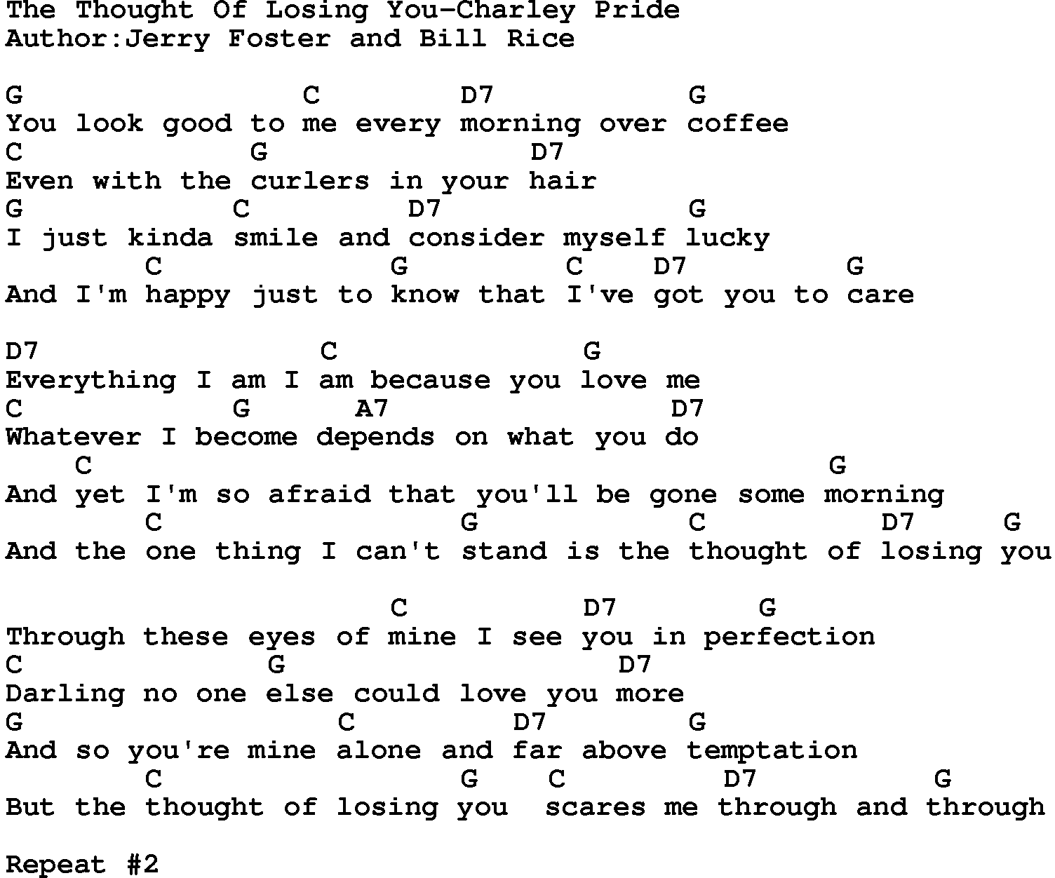 Country music song: The Thought Of Losing You-Charley Pride lyrics and chords