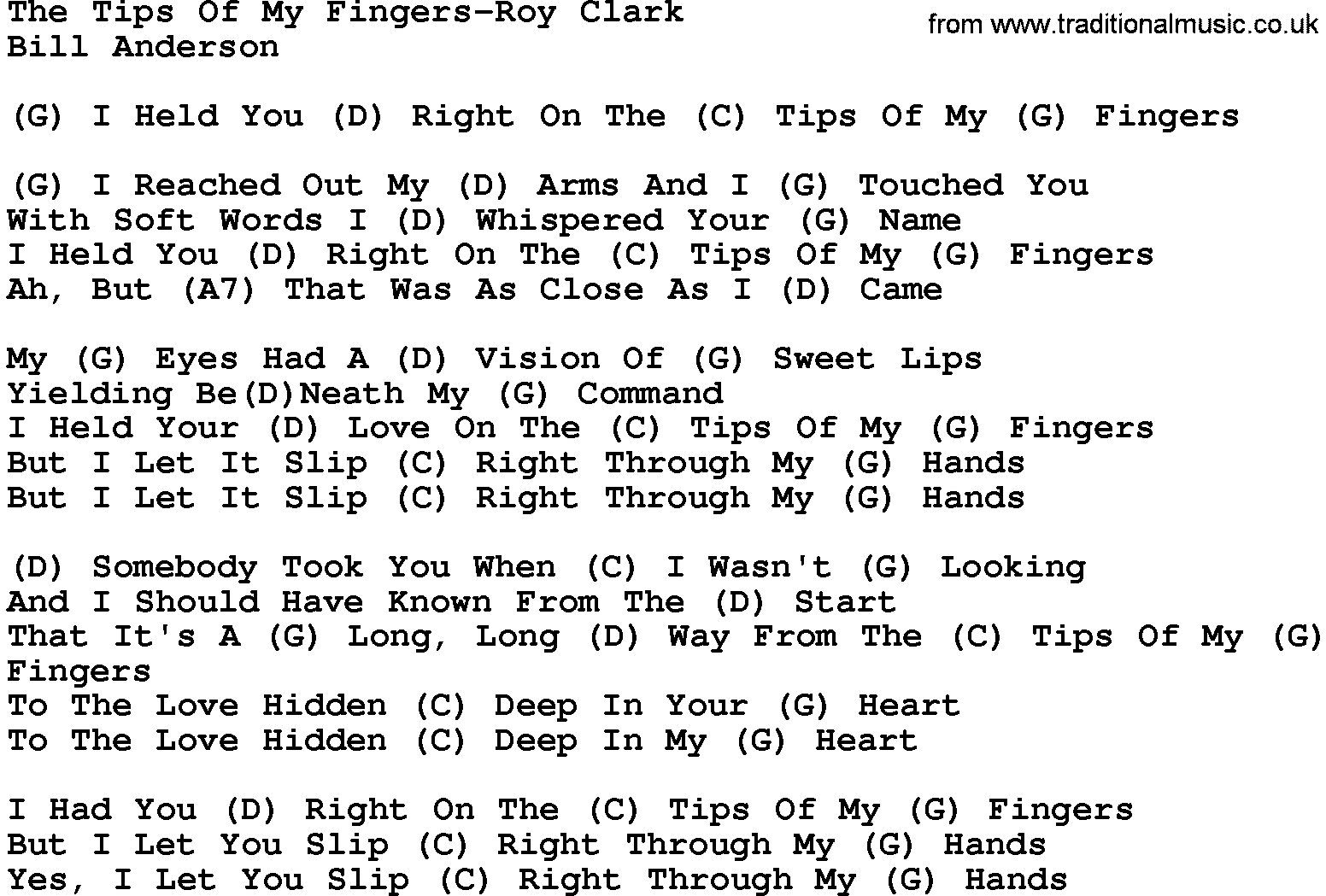 Country music song: The Tips Of My Fingers-Roy Clark lyrics and chords