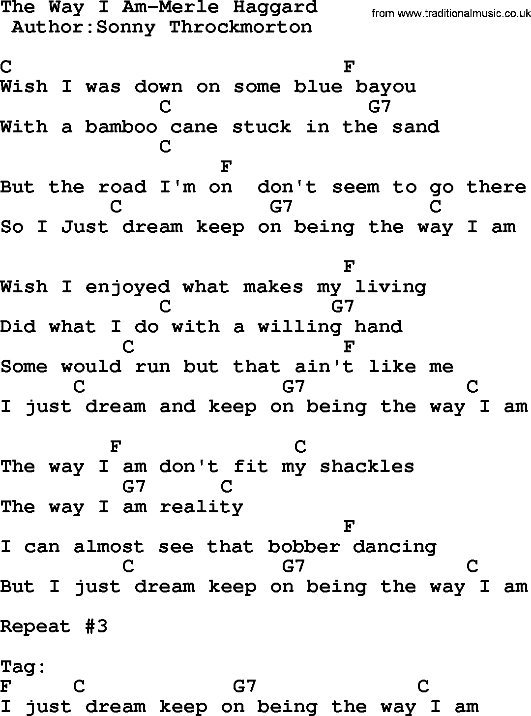 Country music song: The Way I Am-Merle Haggard lyrics and chords