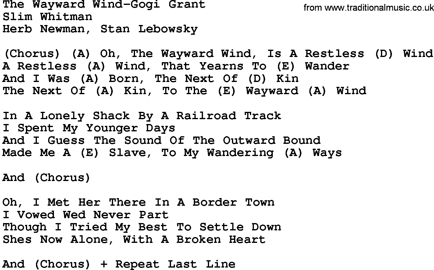Country music song: The Wayward Wind-Gogi Grant lyrics and chords