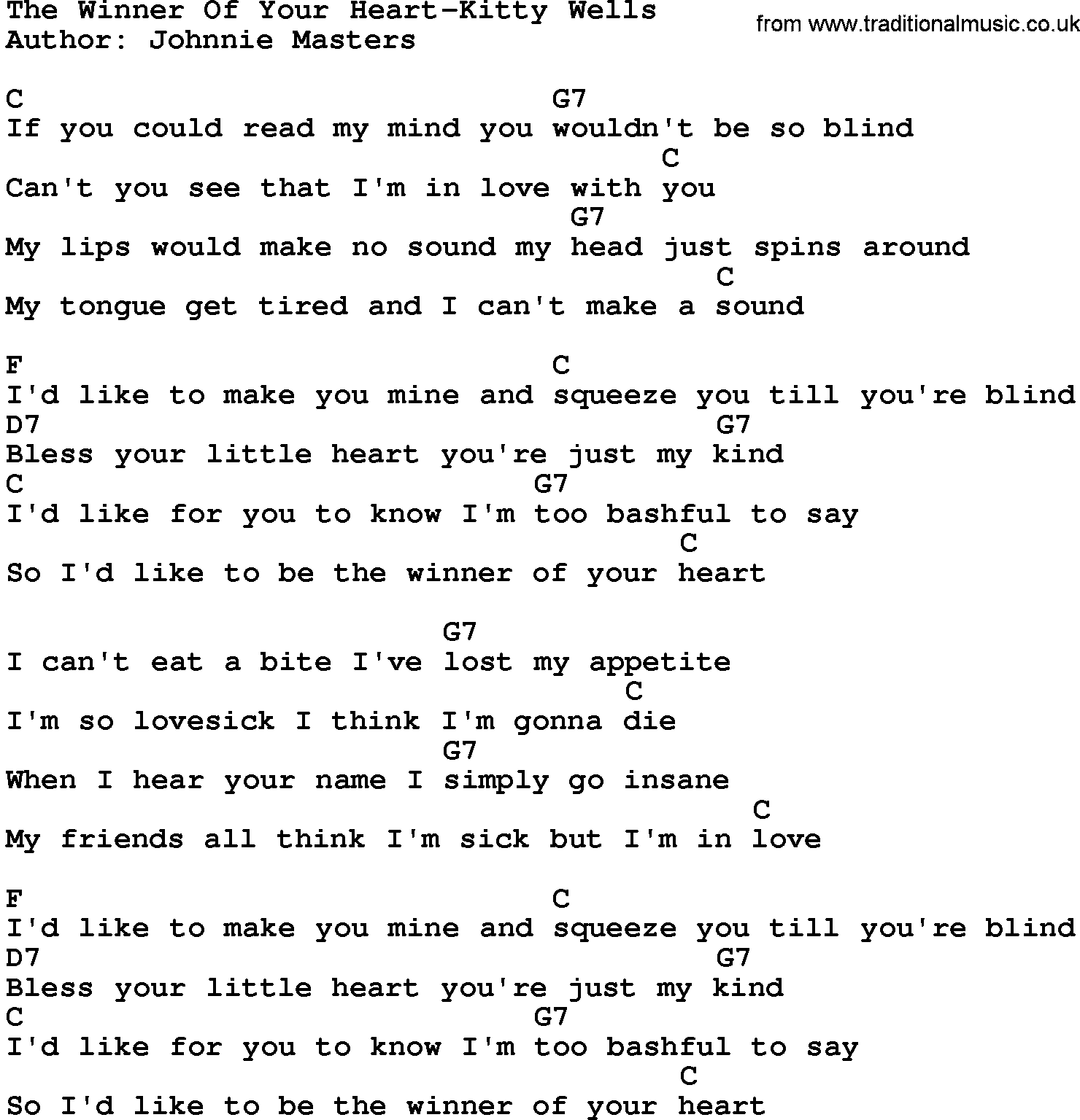 Country music song: The Winner Of Your Heart-Kitty Wells lyrics and chords