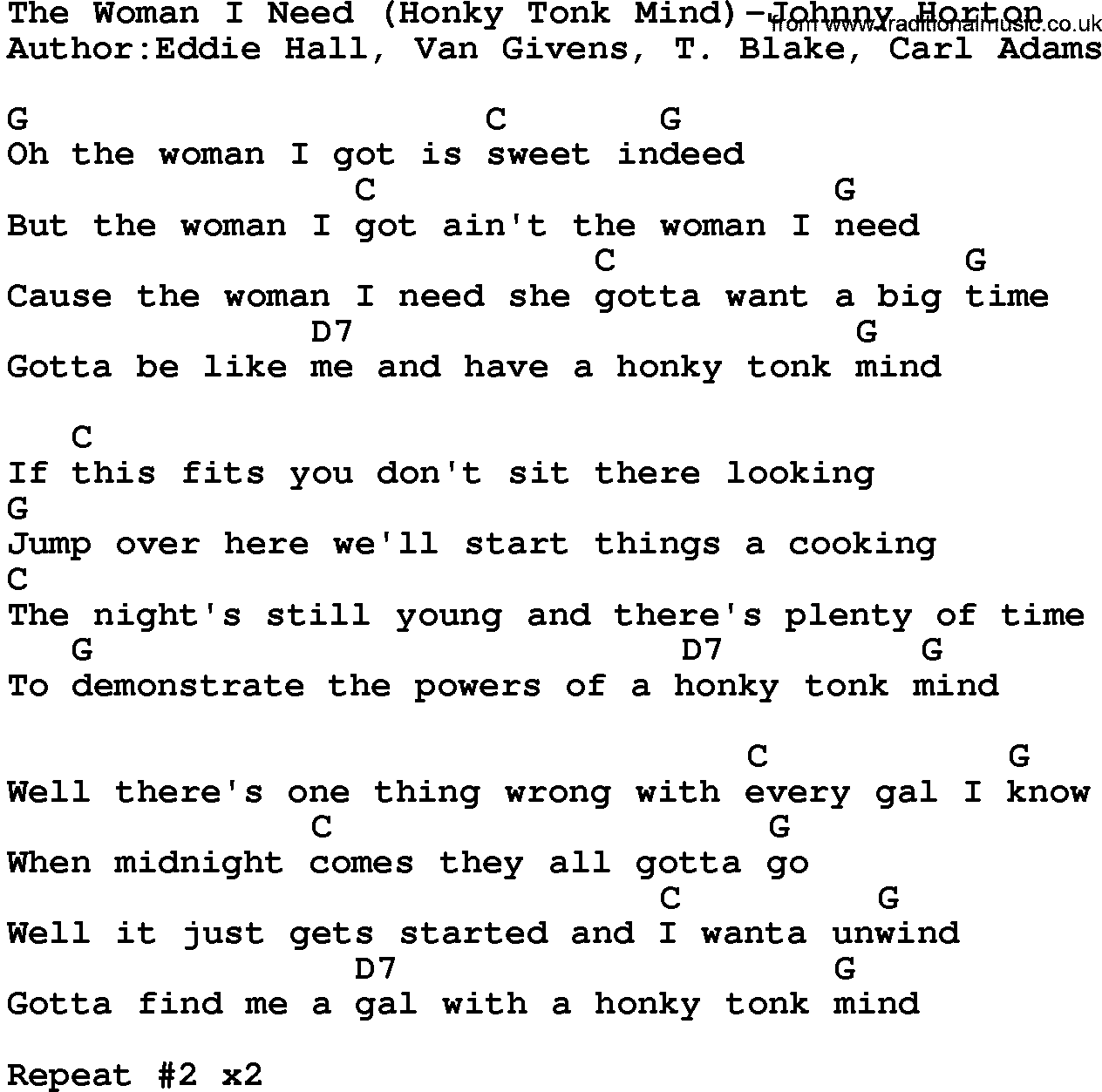 Country music song: The Woman I Need(Honky Tonk Mind)-Johnny Horton lyrics and chords