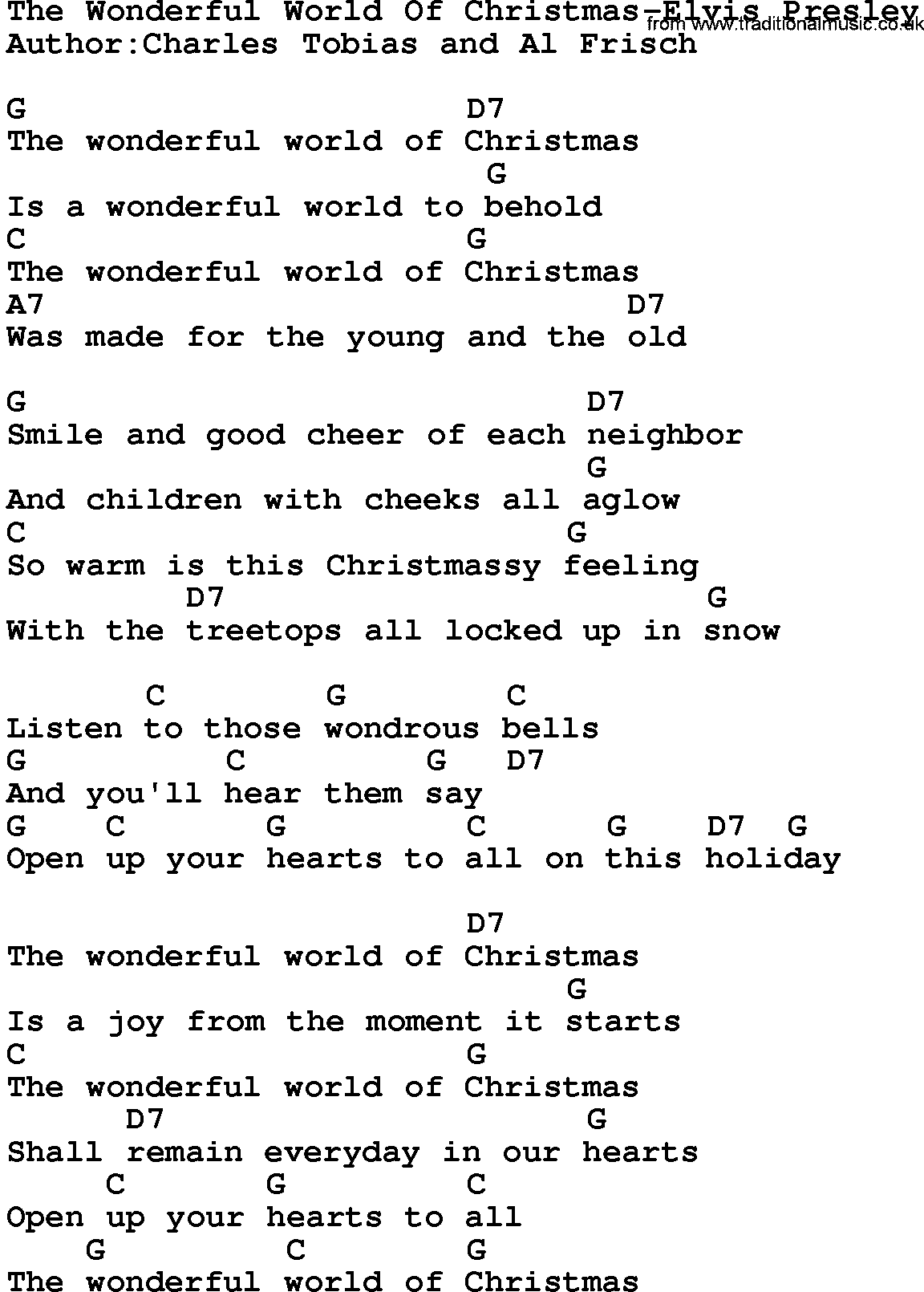 Country music song: The Wonderful World Of Christmas-Elvis Presley lyrics and chords