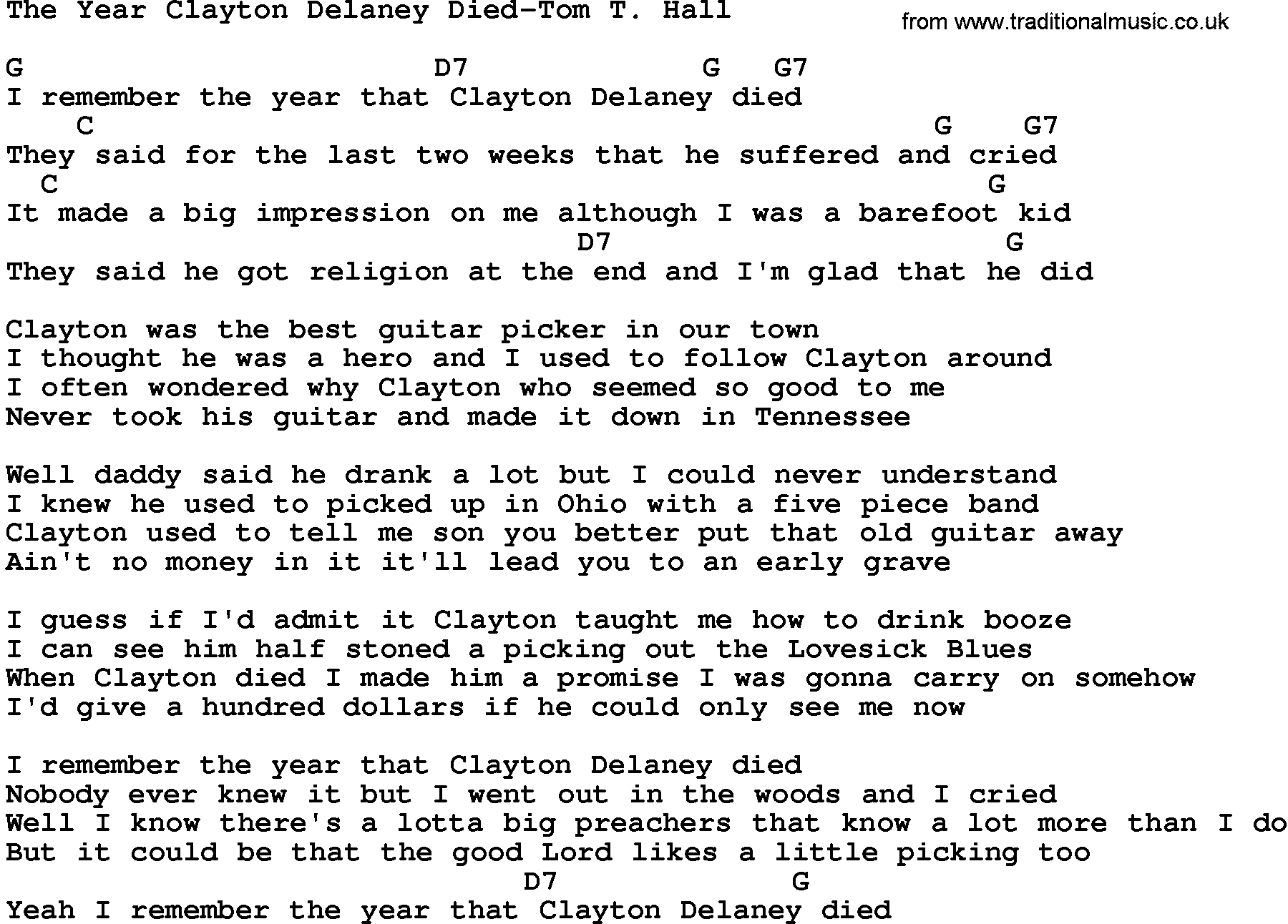 Country music song: The Year Clayton Delaney Died-Tom T Hall lyrics and chords