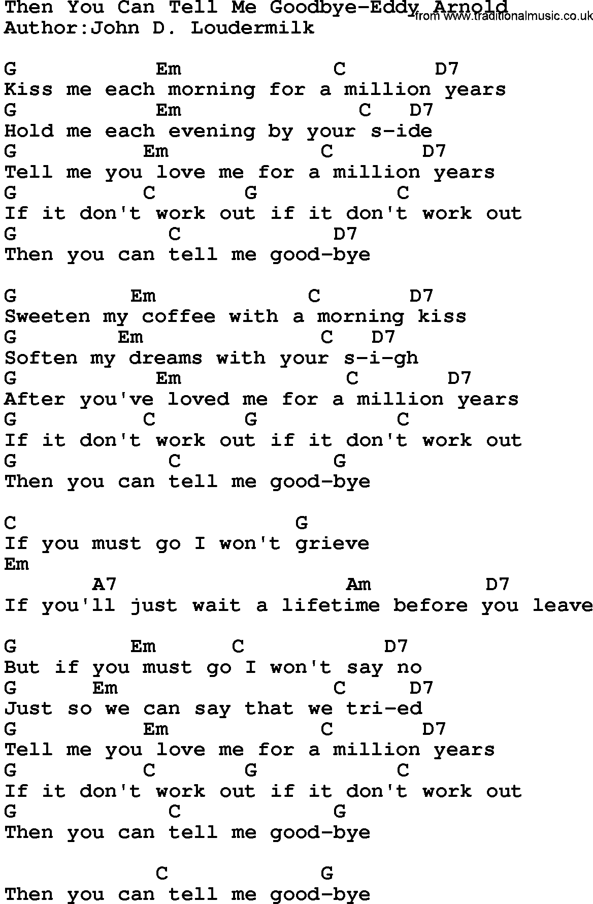 Country music song: Then You Can Tell Me Goodbye-Eddy Arnold lyrics and chords