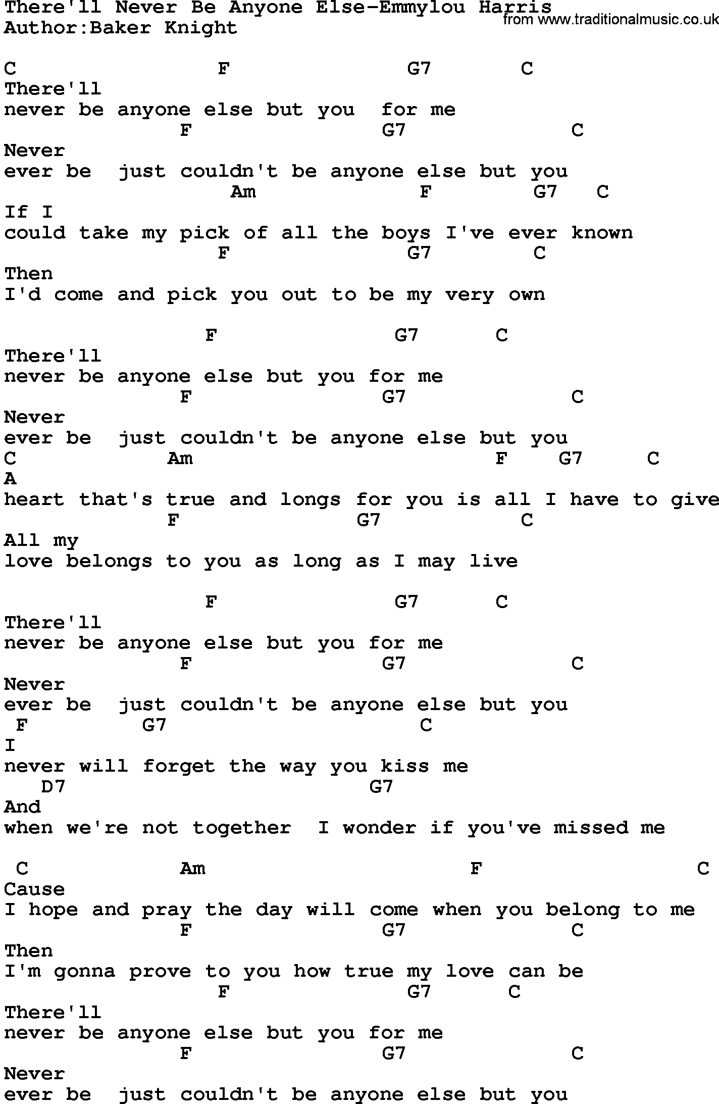 Country music song: There'll Never Be Anyone Else-Emmylou Harris lyrics and chords