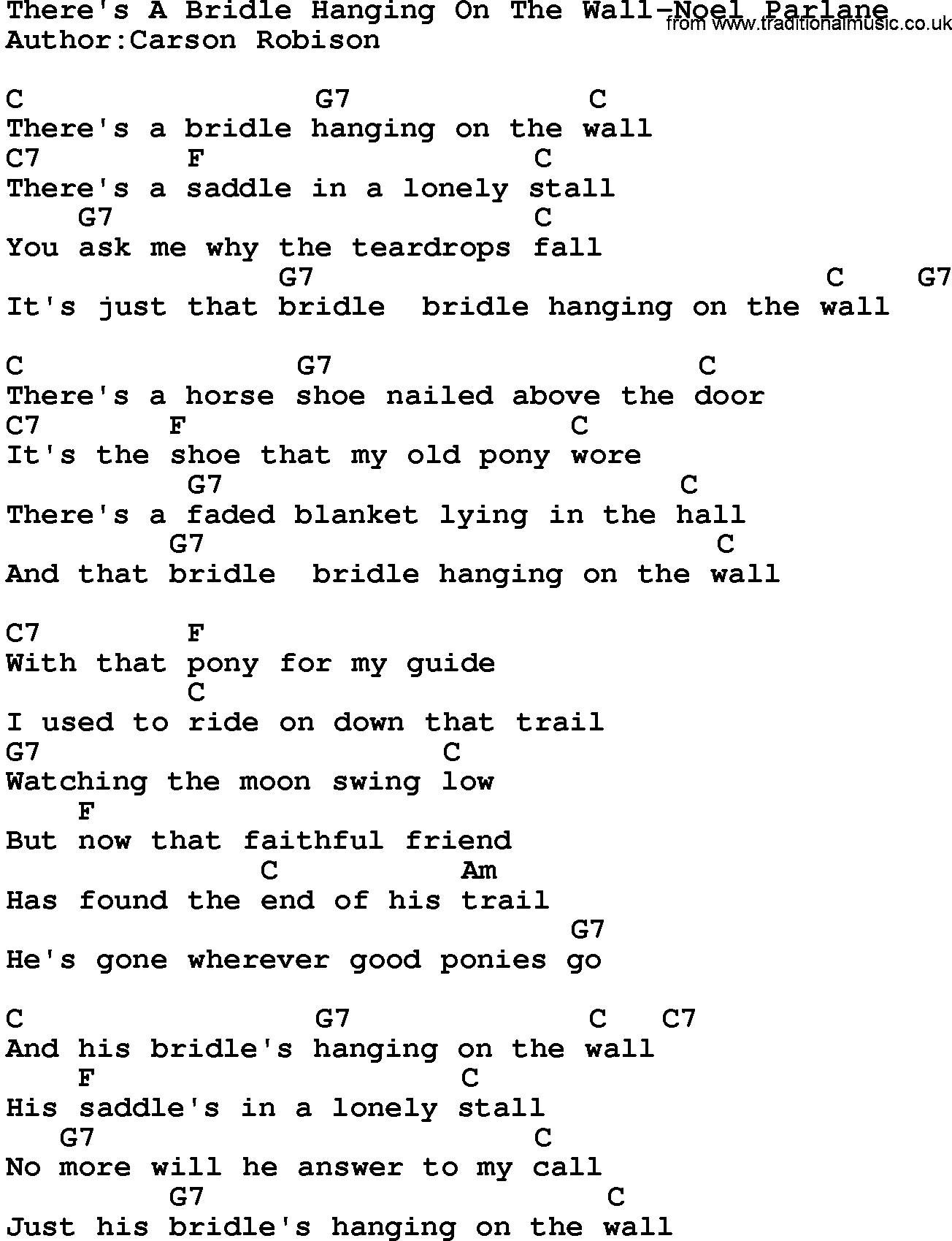 Country music song: There's A Bridle Hanging On The Wall-Noel Parlane lyrics and chords