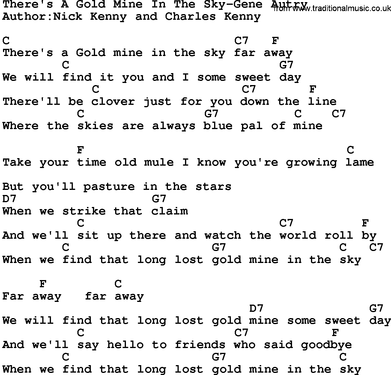 Country music song: There's A Gold Mine In The Sky-Gene Autry lyrics and chords