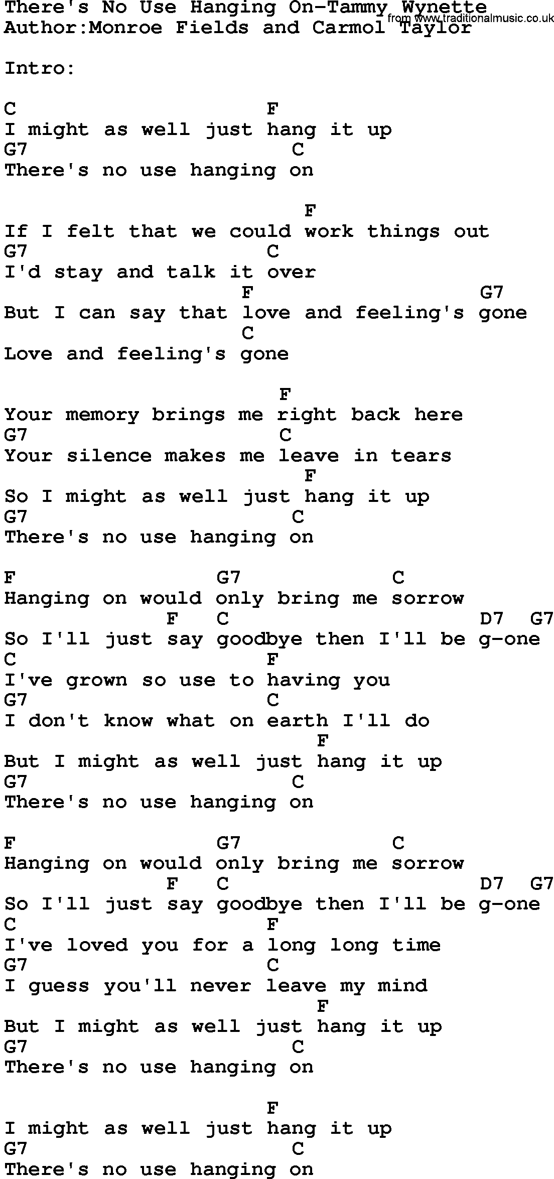 Country music song: There's No Use Hanging On-Tammy Wynette lyrics and chords