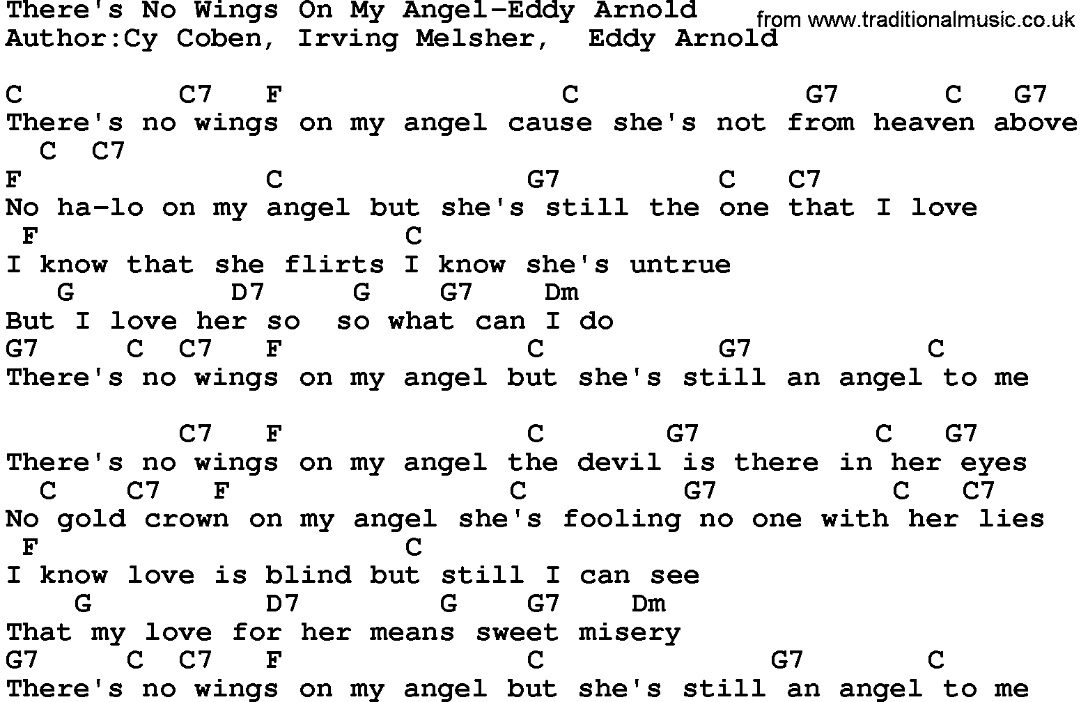 Country music song: There's No Wings On My Angel-Eddy Arnold lyrics and chords