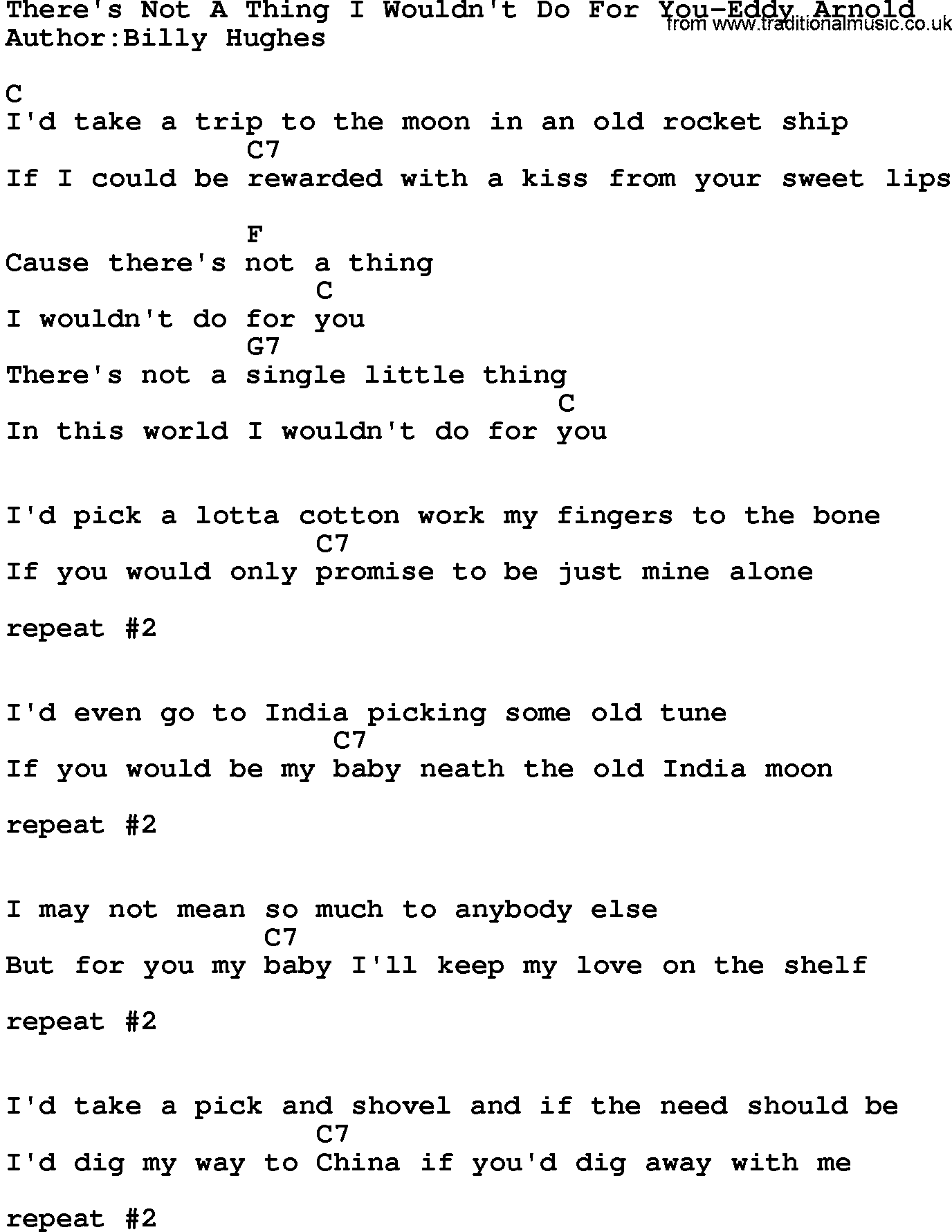 Country music song: There's Not A Thing I Wouldn't Do For You-Eddy Arnold lyrics and chords