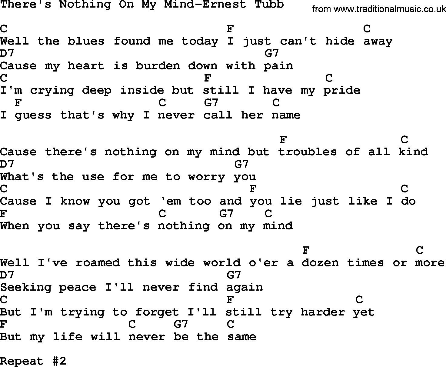 Country music song: There's Nothing On My Mind-Ernest Tubb lyrics and chords