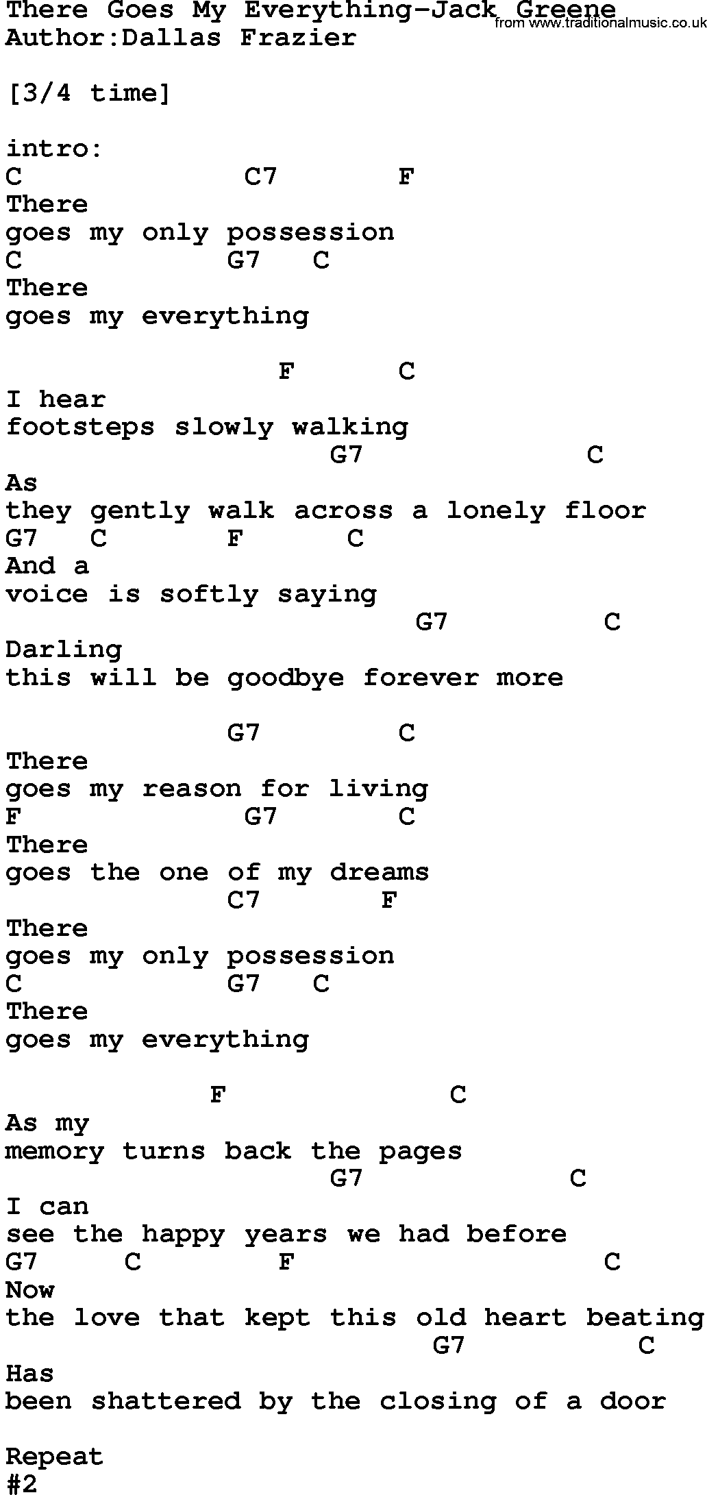Country music song: There Goes My Everything-Jack Greene lyrics and chords