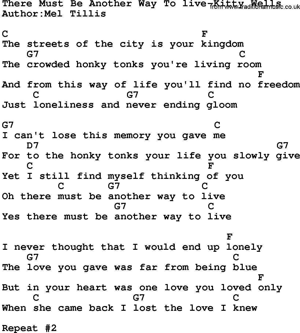 Country music song: There Must Be Another Way To Live-Kitty Wells lyrics and chords