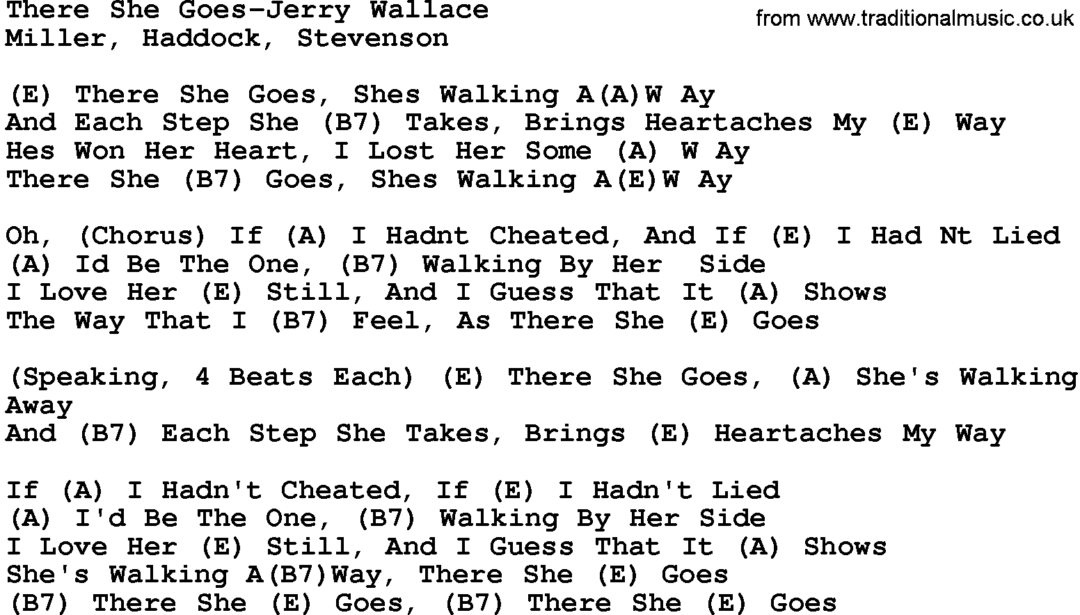 Country music song: There She Goes-Jerry Wallace lyrics and chords