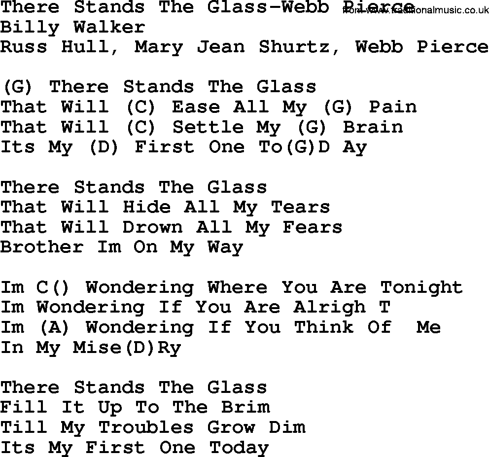 Country music song: There Stands The Glass-Webb Pierce lyrics and chords