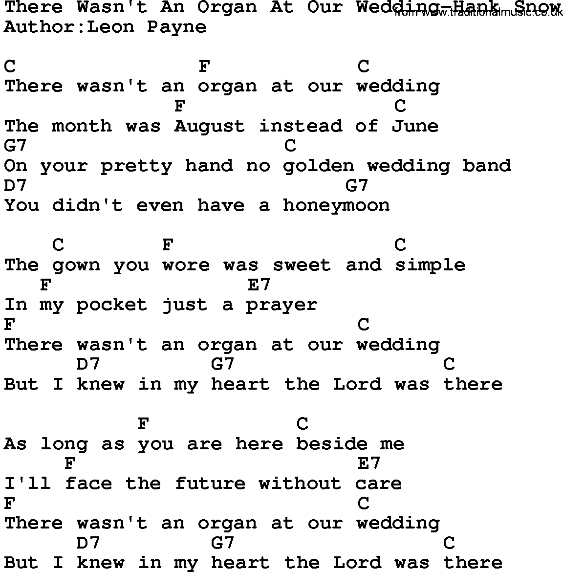 Country music song: There Wasn't An Organ At Our Wedding-Hank Snow lyrics and chords