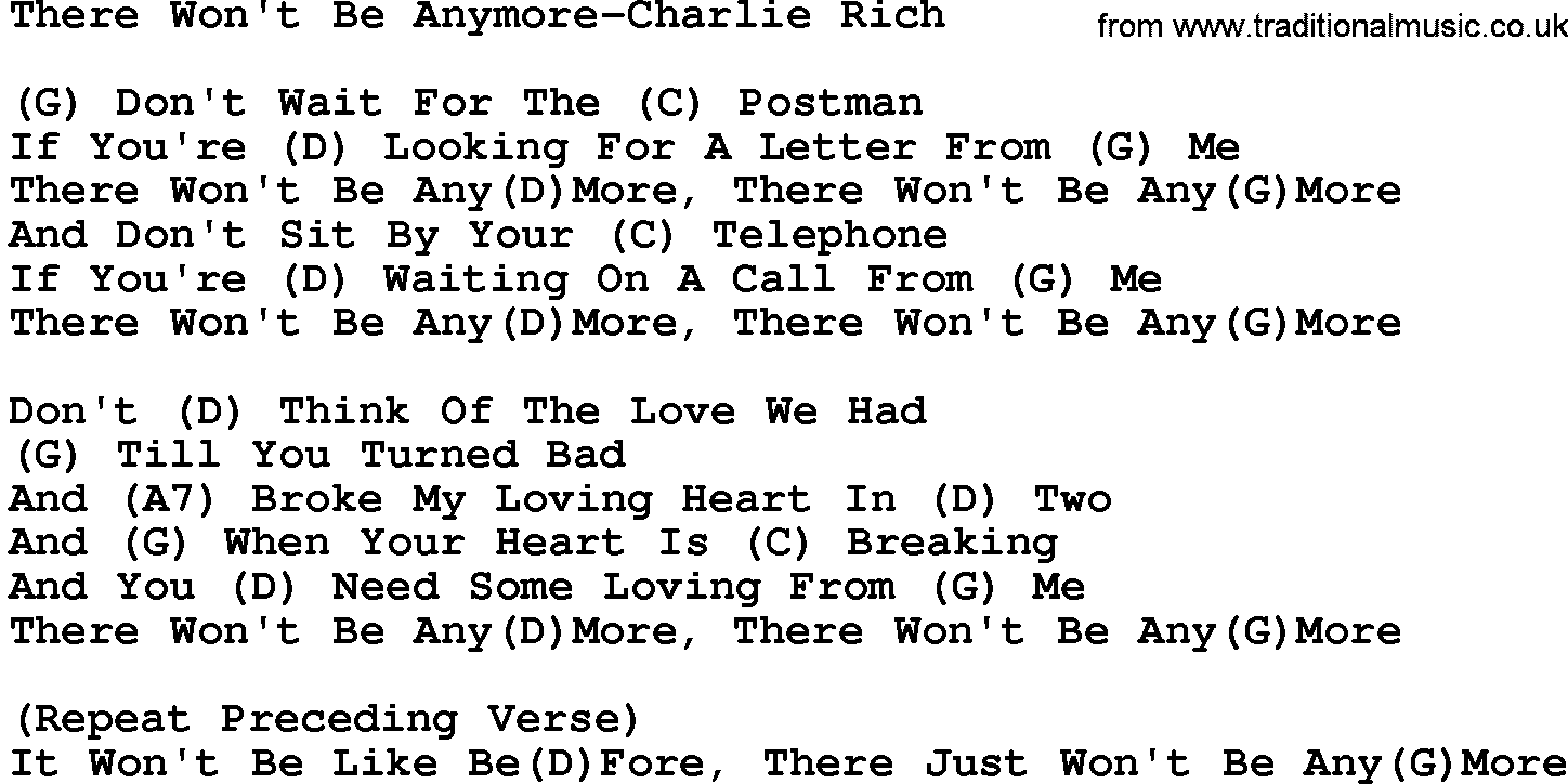 Country music song: There Won't Be Anymore-Charlie Rich lyrics and chords