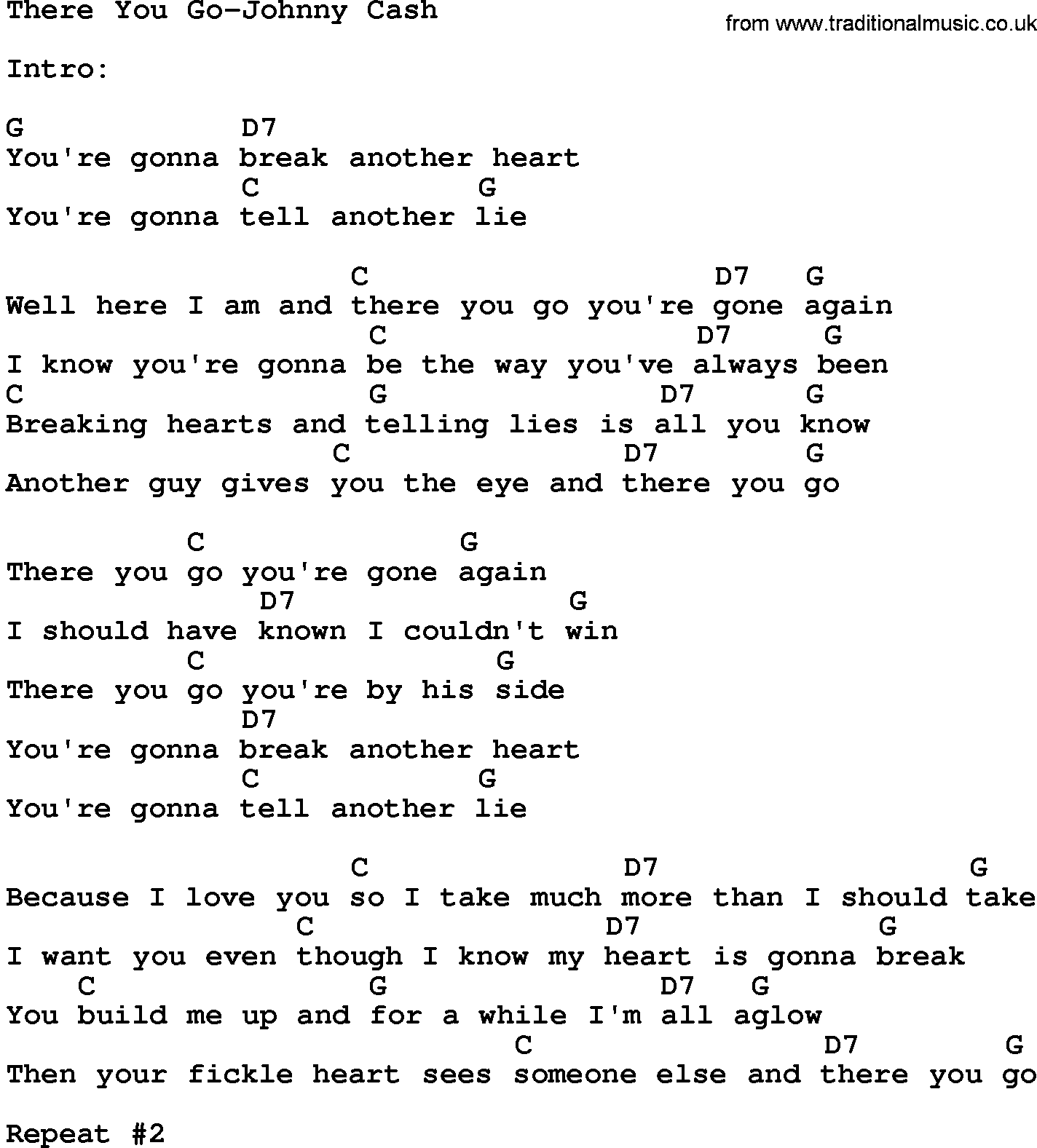 Country music song: There You Go-Johnny Cash lyrics and chords
