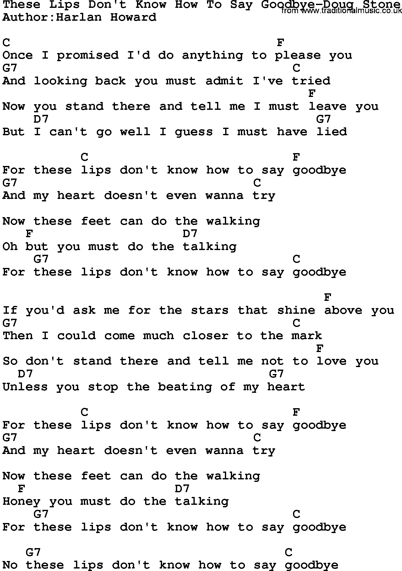 Country music song: These Lips Don't Know How To Say Goodbye-Doug Stone lyrics and chords