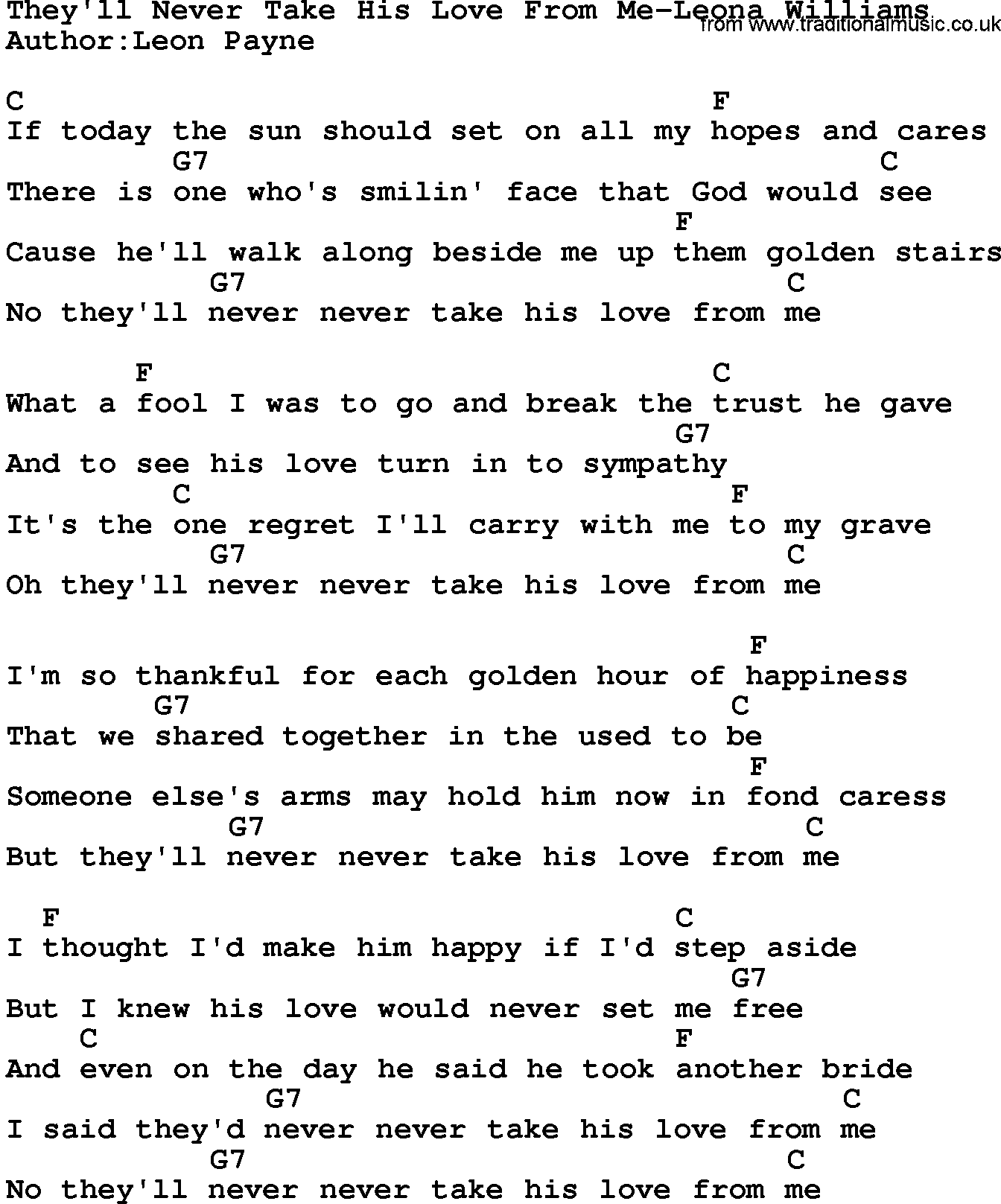 Country music song: They'll Never Take His Love From Me-Leona Williams lyrics and chords