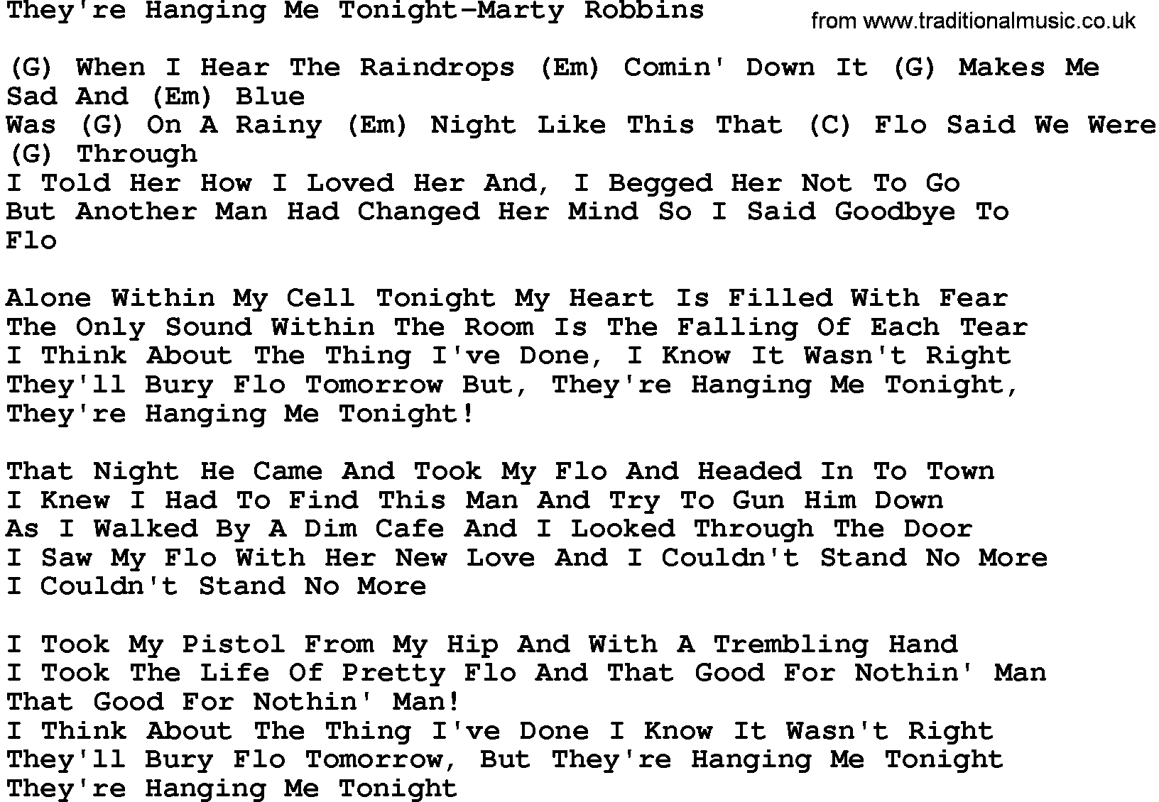 Country music song: They're Hanging Me Tonight-Marty Robbins lyrics and chords