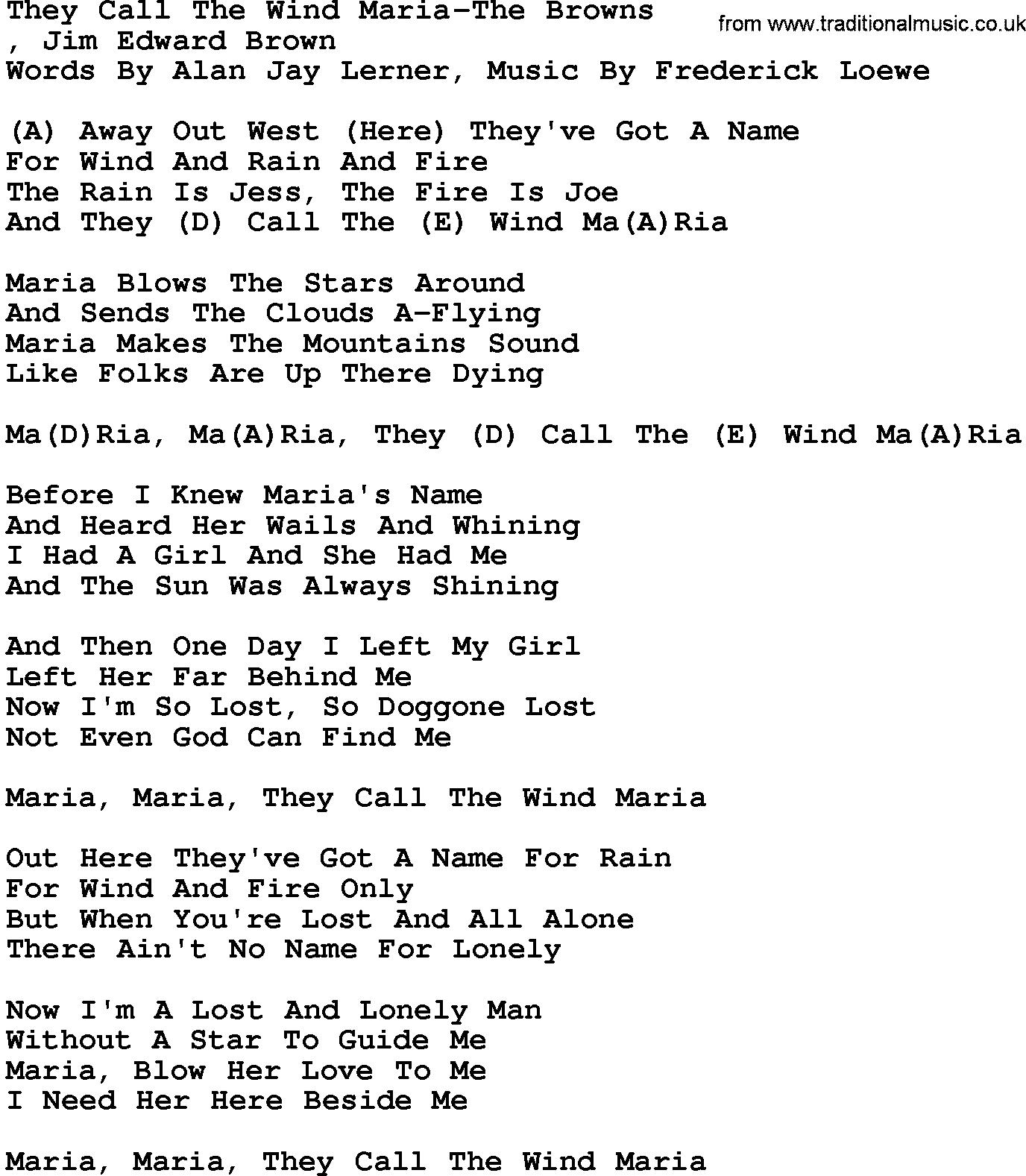 Country music song: They Call The Wind Maria-The Browns lyrics and chords