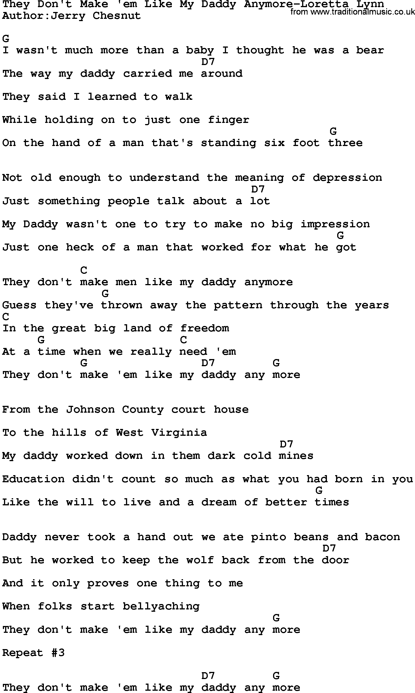 Country music song: They Don't Make 'em Like My Daddy Anymore-Loretta Lynn lyrics and chords