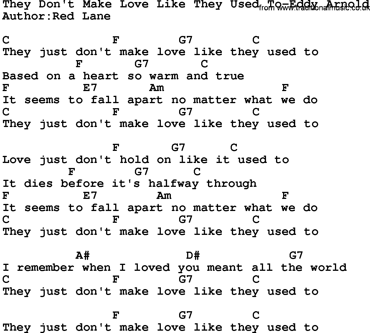 Country music song: They Don't Make Love Like They Used To-Eddy Arnold lyrics and chords
