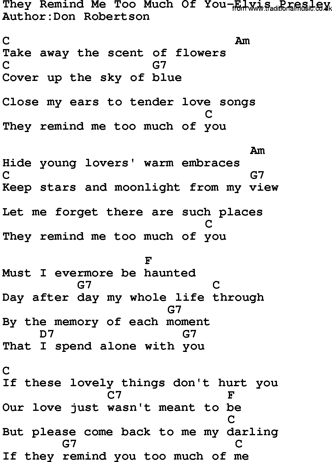 Country music song: They Remind Me Too Much Of You-Elvis Presley lyrics and chords