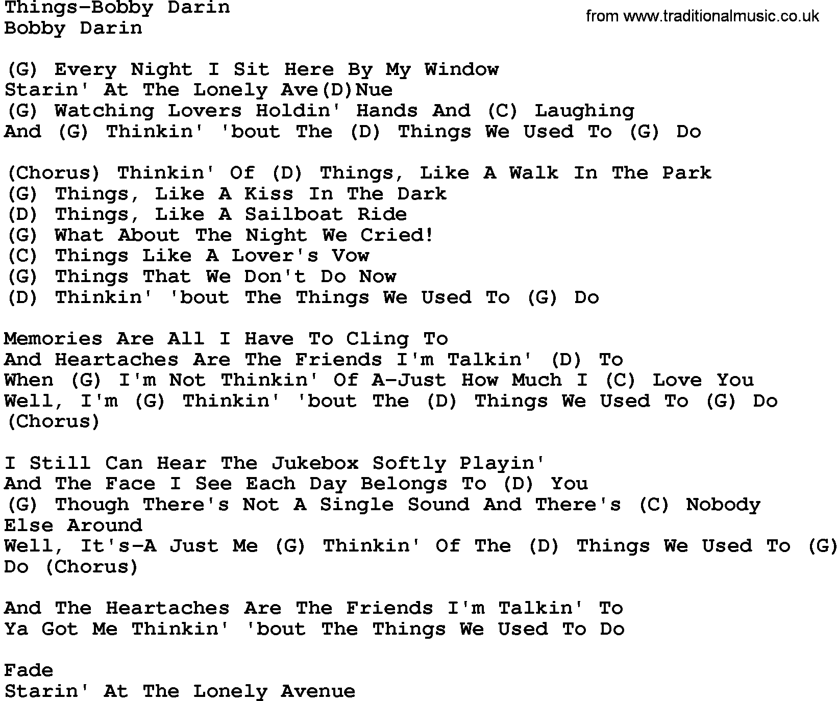 Country music song: Things-Bobby Darin lyrics and chords