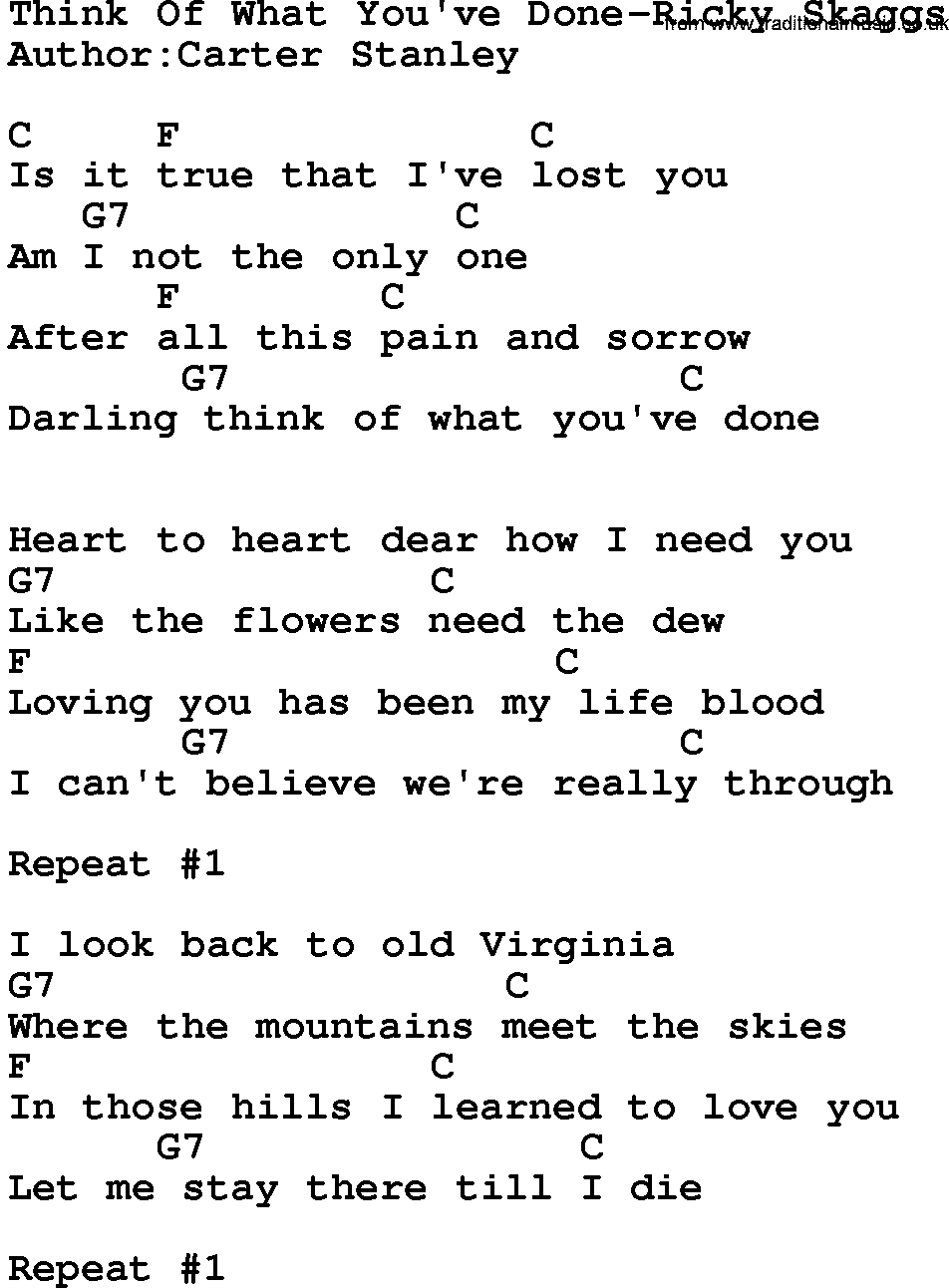 Country music song: Think Of What You've Done-Ricky Skaggs lyrics and chords