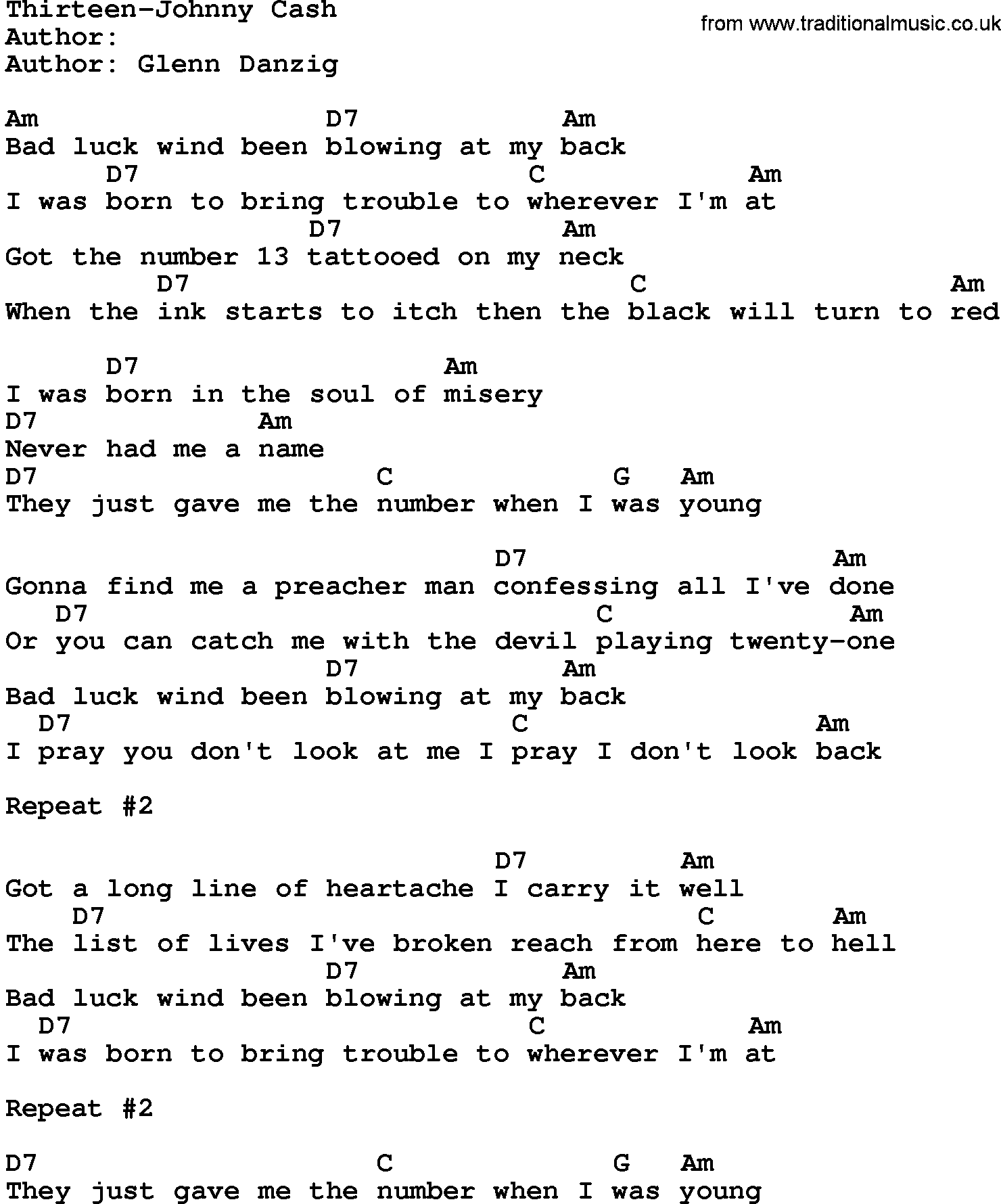 Country music song: Thirteen-Johnny Cash lyrics and chords